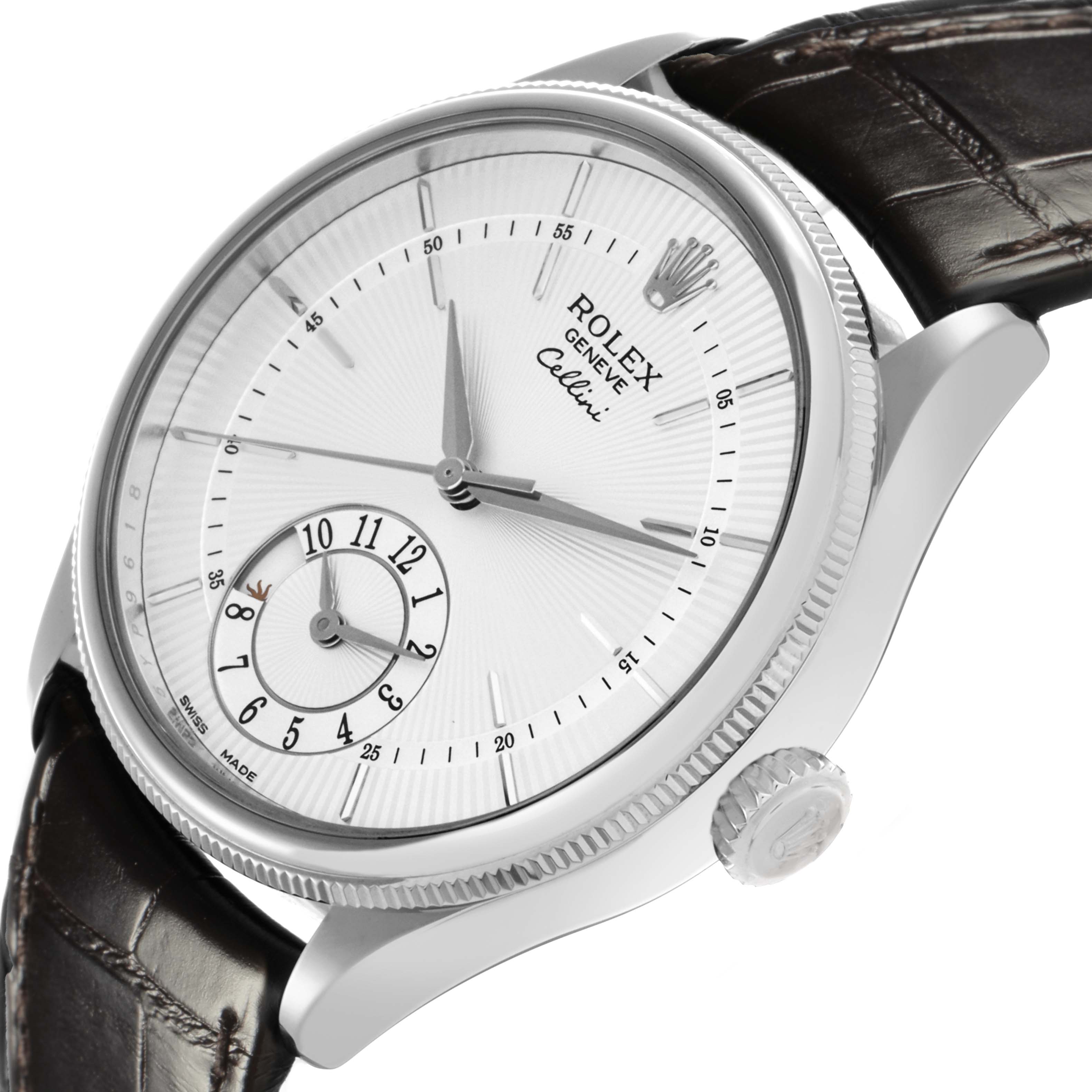 The Rolex Cellini 50529 Men
s White Gold Silver Dial 50529 Men
s White Gold Silver Dial is shown at an angle displaying the face, crown, and part of the leather strap, highlighting its elegant design.