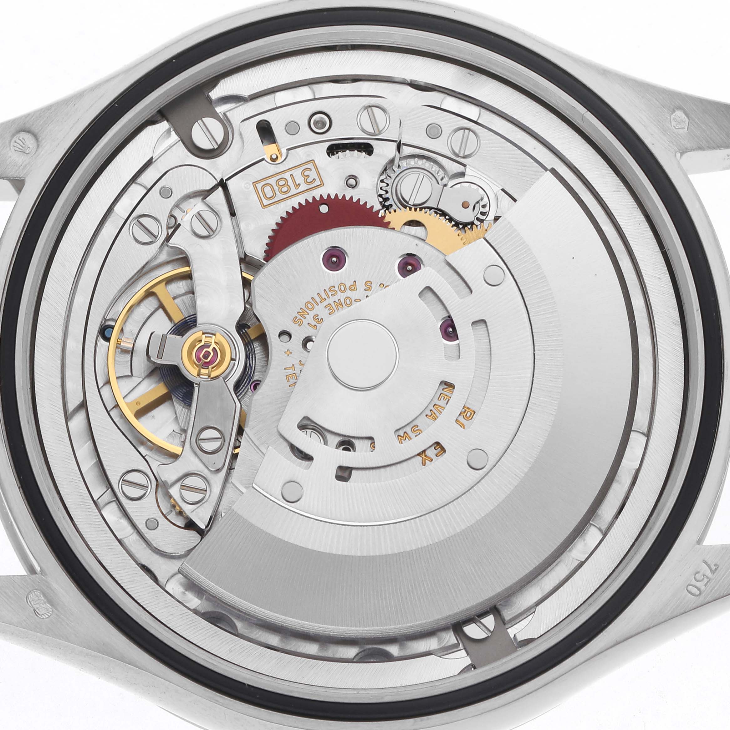 The image shows the back view of a Rolex Cellini 50529 Men
s White Gold Silver Dial 50529 Men
s White Gold Silver Dial watch, highlighting its intricate mechanical movement and components.