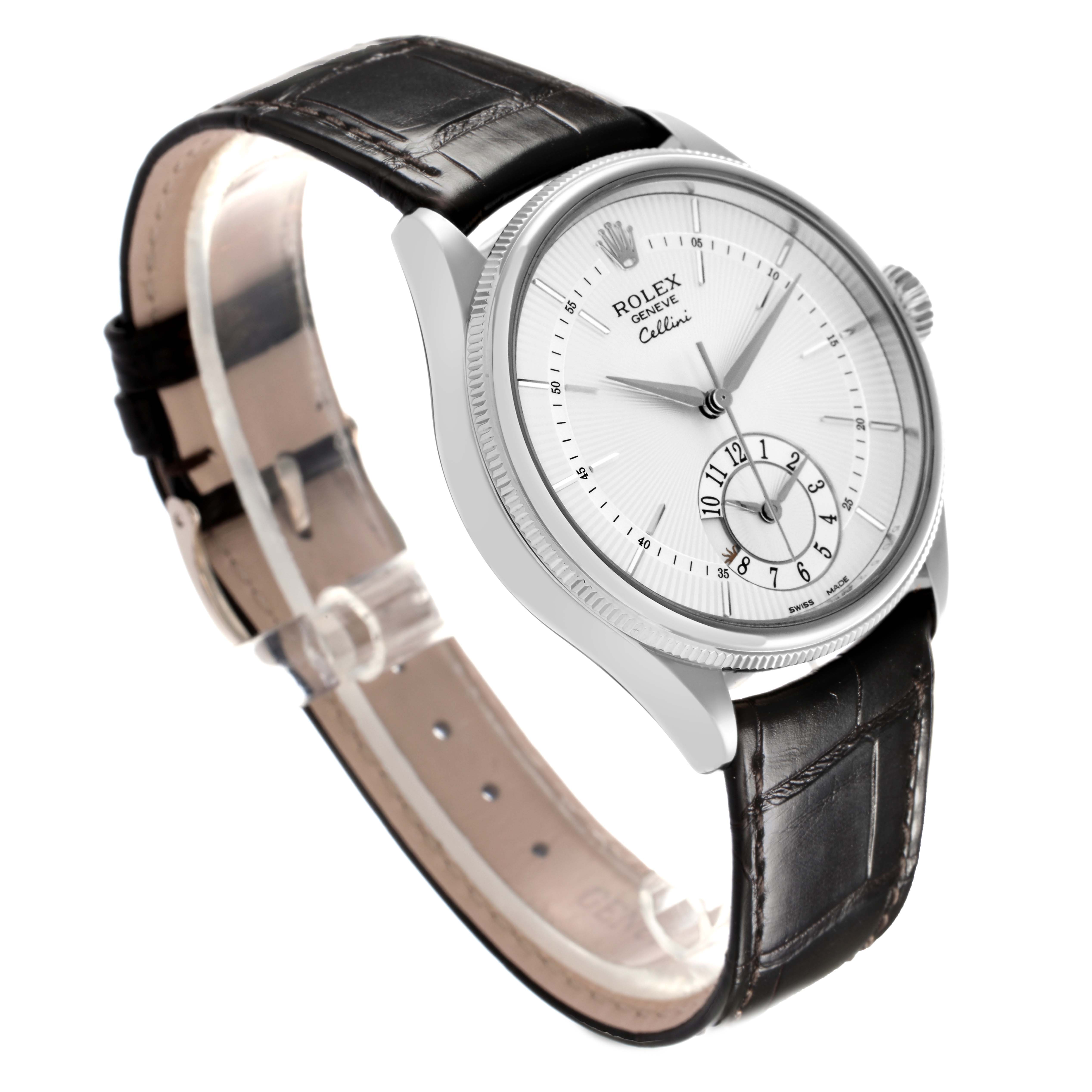 The Rolex Cellini 50529 Men
s White Gold Silver Dial 50529 Men
s White Gold Silver Dial watch is shown at a tilted angle, highlighting the dial, case, and leather strap.