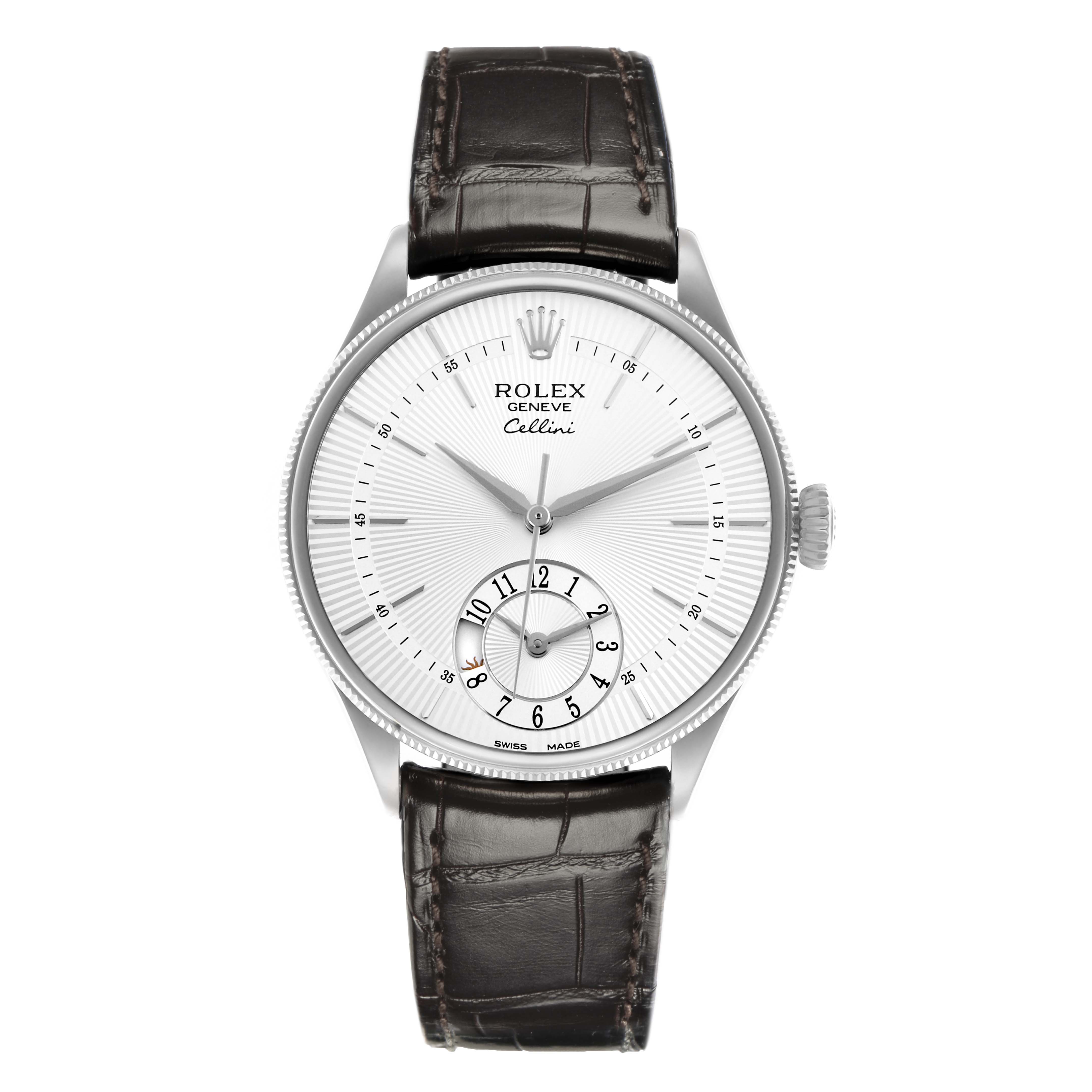 The Rolex Cellini 50529 Men
s White Gold Silver Dial 50529 Men
s White Gold Silver Dial watch is shown from a front view, displaying its dial, hands, and leather strap.