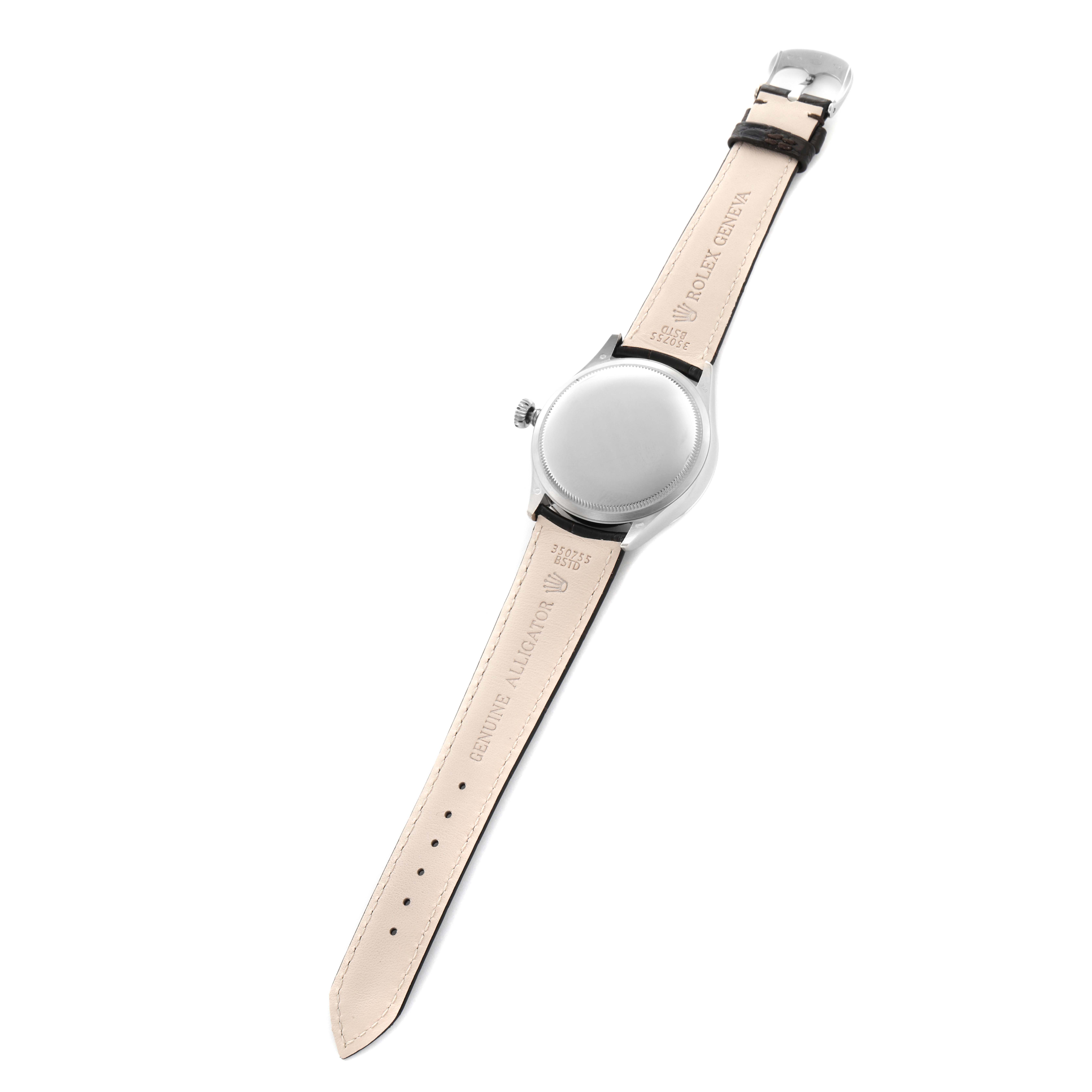 The image shows the back and strap of a Rolex Cellini 50529 Men
s White Gold Silver Dial 50529 Men
s White Gold Silver Dial watch, laid flat, highlighting the genuine leather strap and buckle.