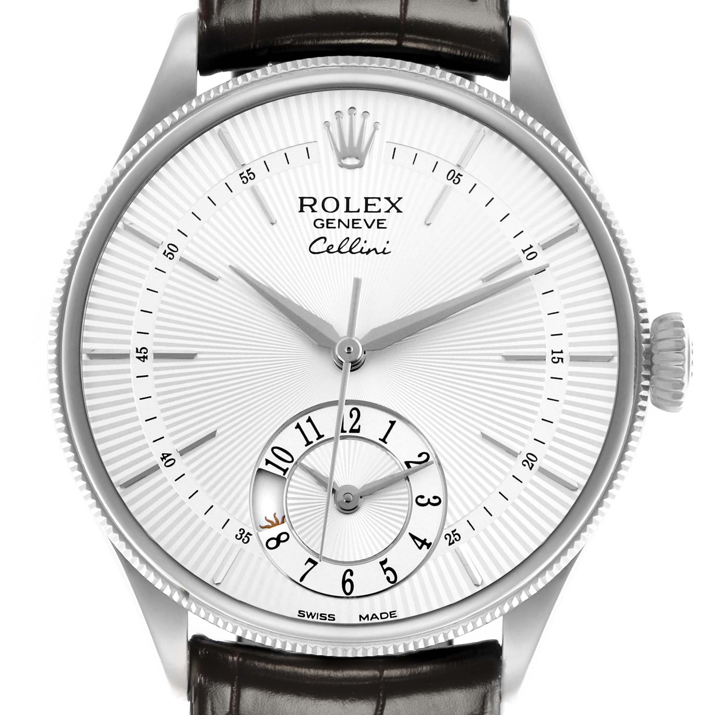 The image shows a Rolex Cellini 50529 Men
s White Gold Silver Dial 50529 Men
s White Gold Silver Dial watch from a front angle, highlighting the dial, hands, crown, and part of the leather strap.