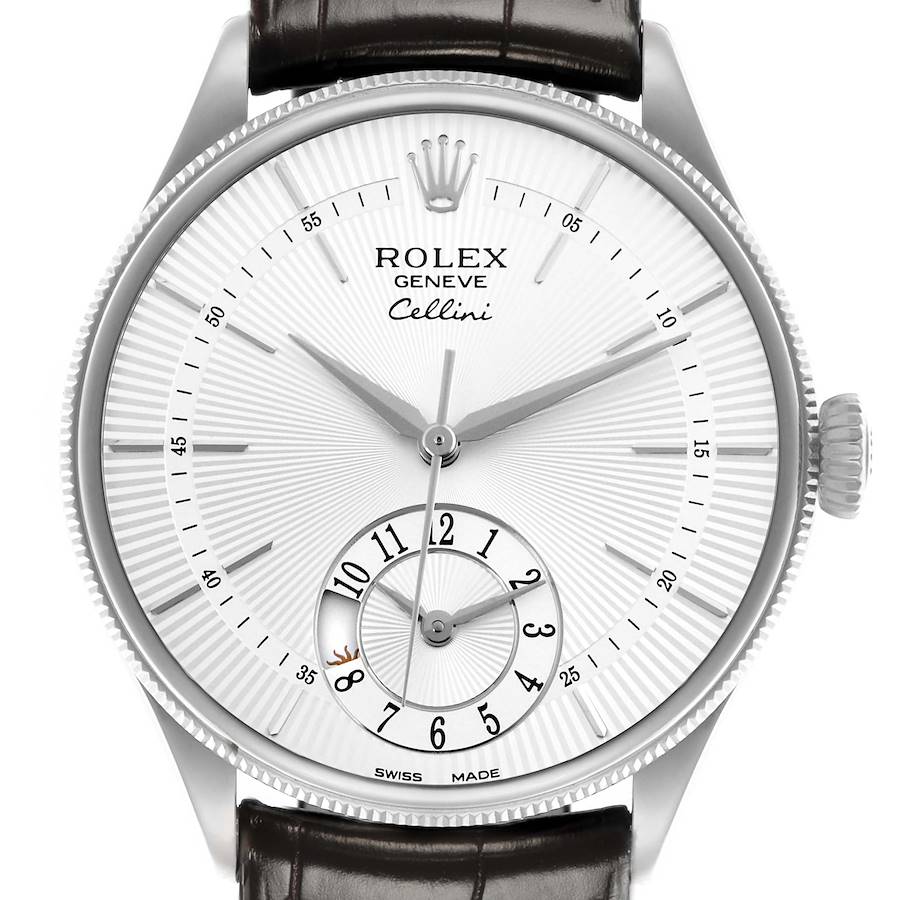 The image shows a Rolex Cellini watch from a front angle, highlighting the dial, hands, crown, and part of the leather strap.
