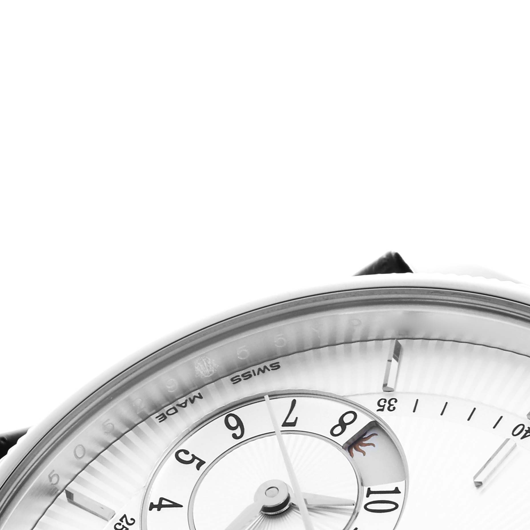 The image shows a close-up of the dial and bezel from the side angle of a Rolex Cellini 50529 Men
s White Gold Silver Dial 50529 Men
s White Gold Silver Dial watch, featuring the hour markers and hands.