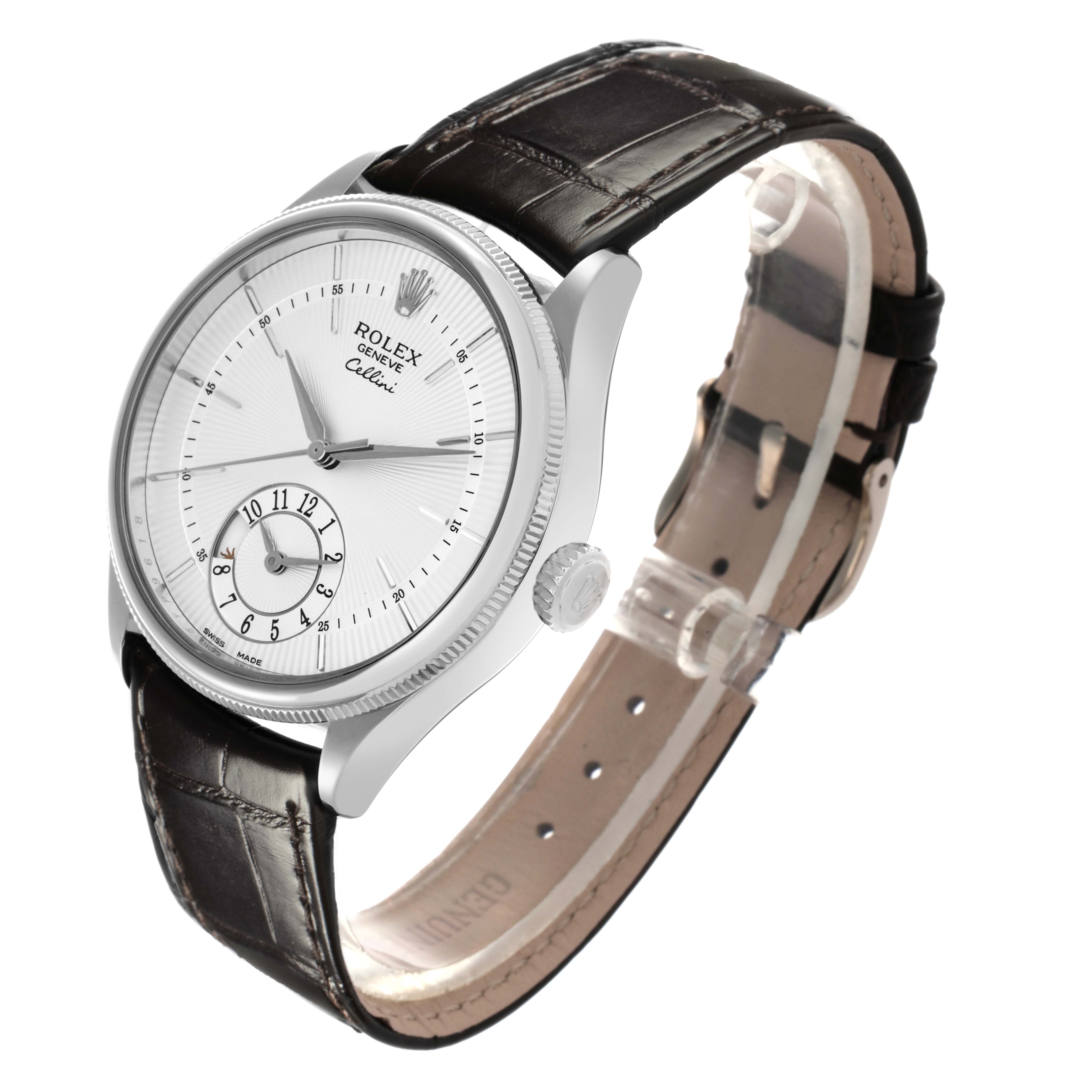 The Rolex Cellini 50529 Men
s White Gold Silver Dial 50529 Men
s White Gold Silver Dial watch is shown at a three-quarter angle, displaying the face, bezel, crown, and leather strap.
