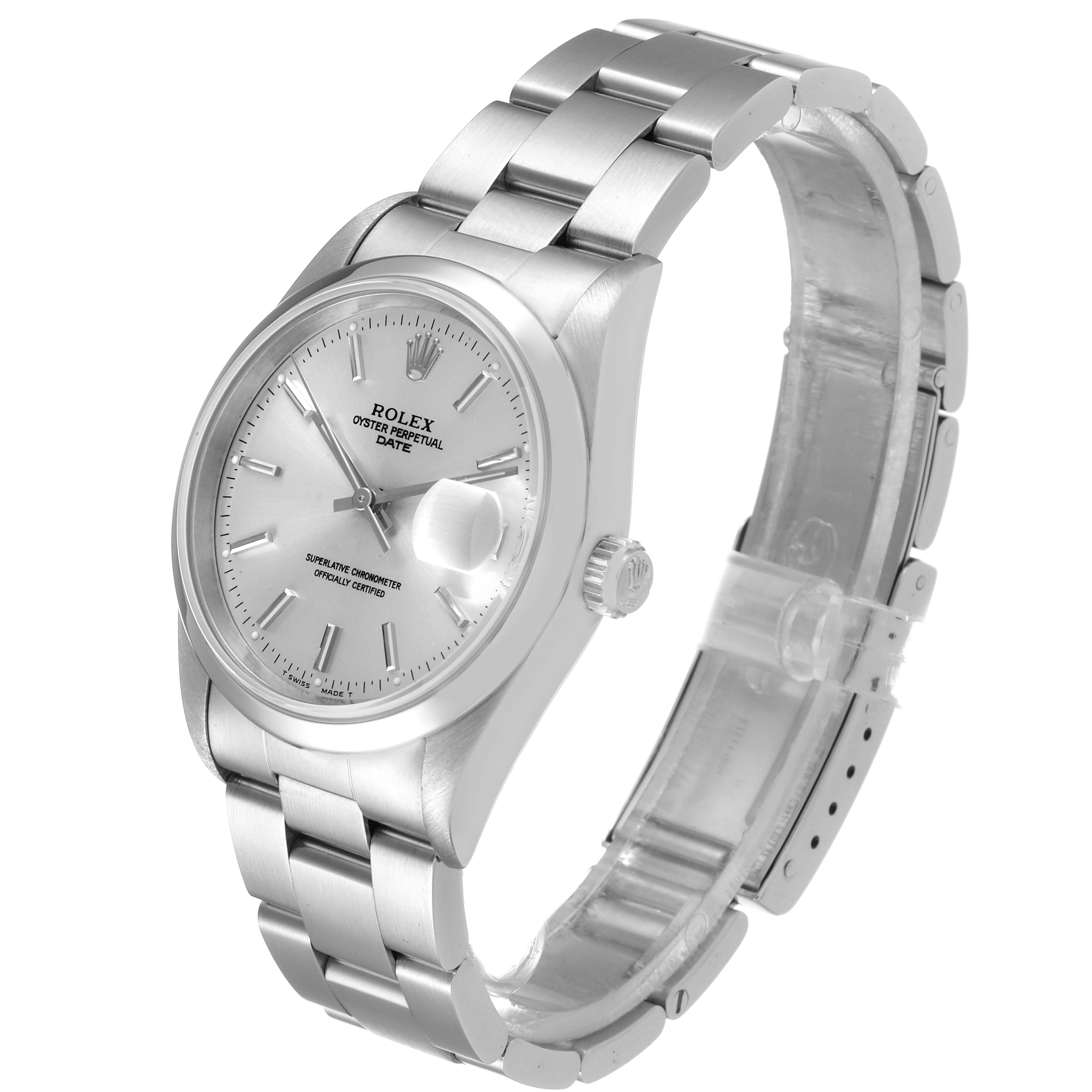 The Rolex Date 15200 Men's Stainless Steel Silver Dial 15200 Men's Stainless Steel Silver Dial model watch is shown at a three-quarter angle, displaying the dial, crown, and stainless steel bracelet.