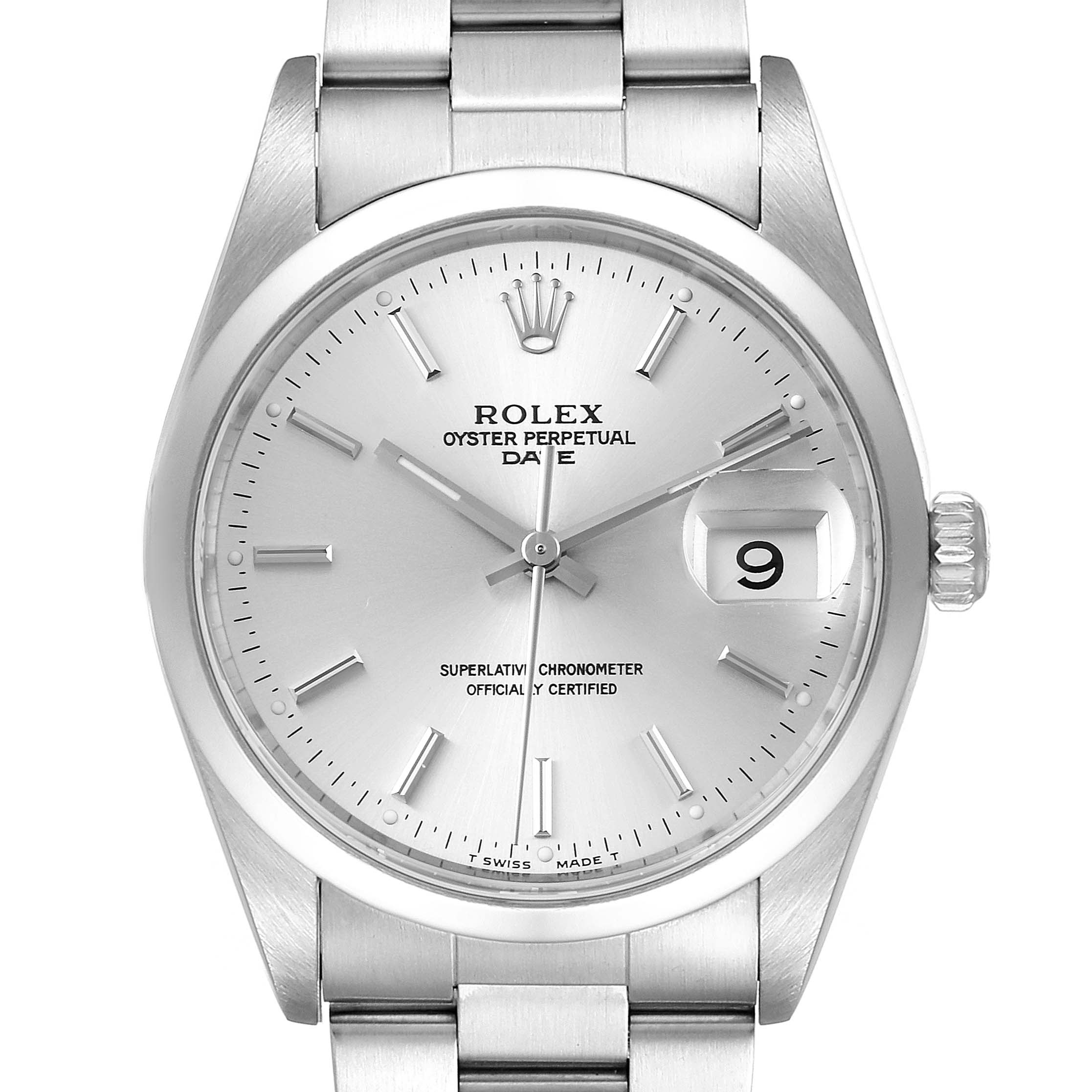 This image shows a front view of the Rolex Oyster Perpetual Date watch, displaying the dial, bezel, bracelet, and date magnifier.