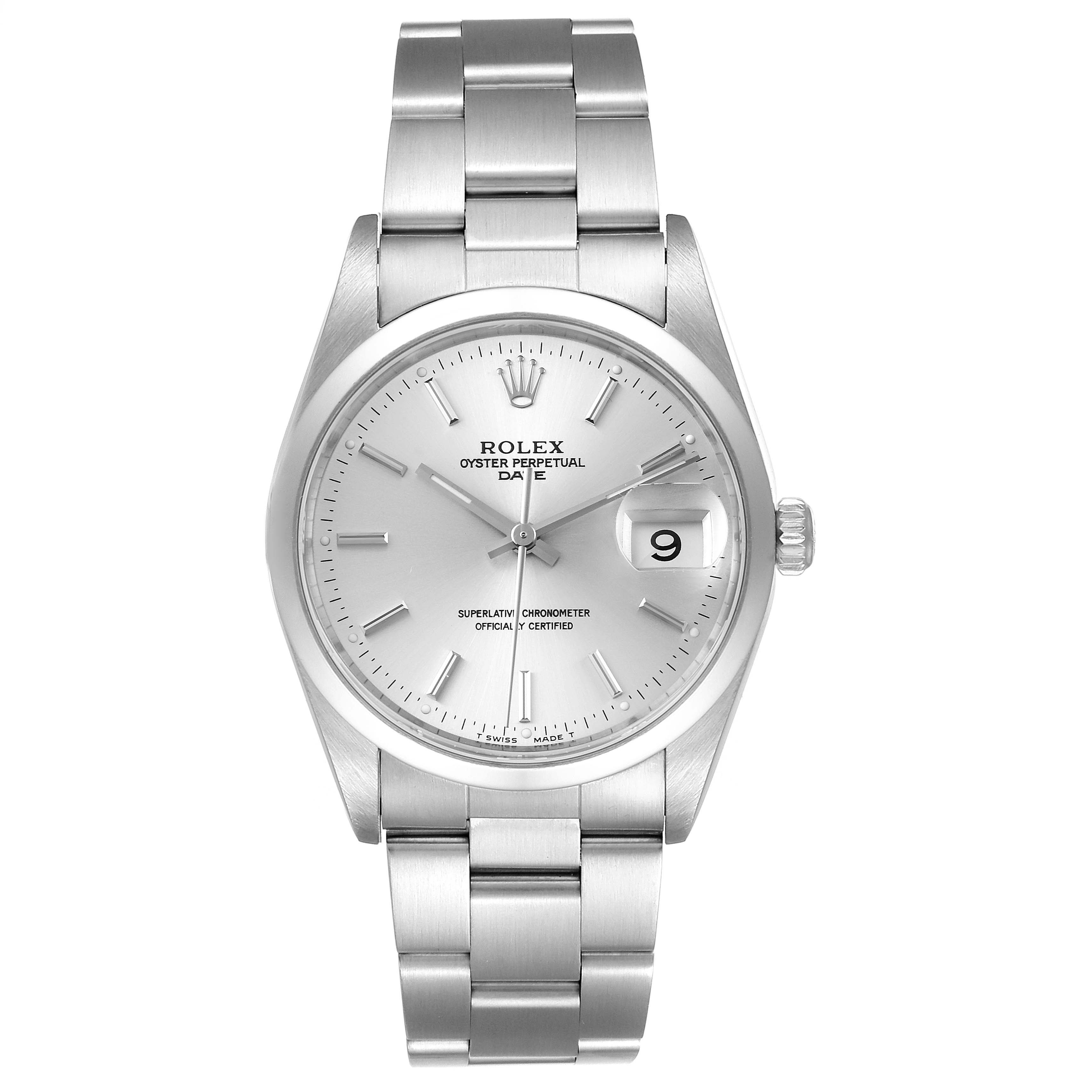 This Rolex Date 15200 Men's Stainless Steel Silver Dial 15200 Men's Stainless Steel Silver Dial watch is shown from a front angle, displaying its silver dial, date window, and stainless steel bracelet.