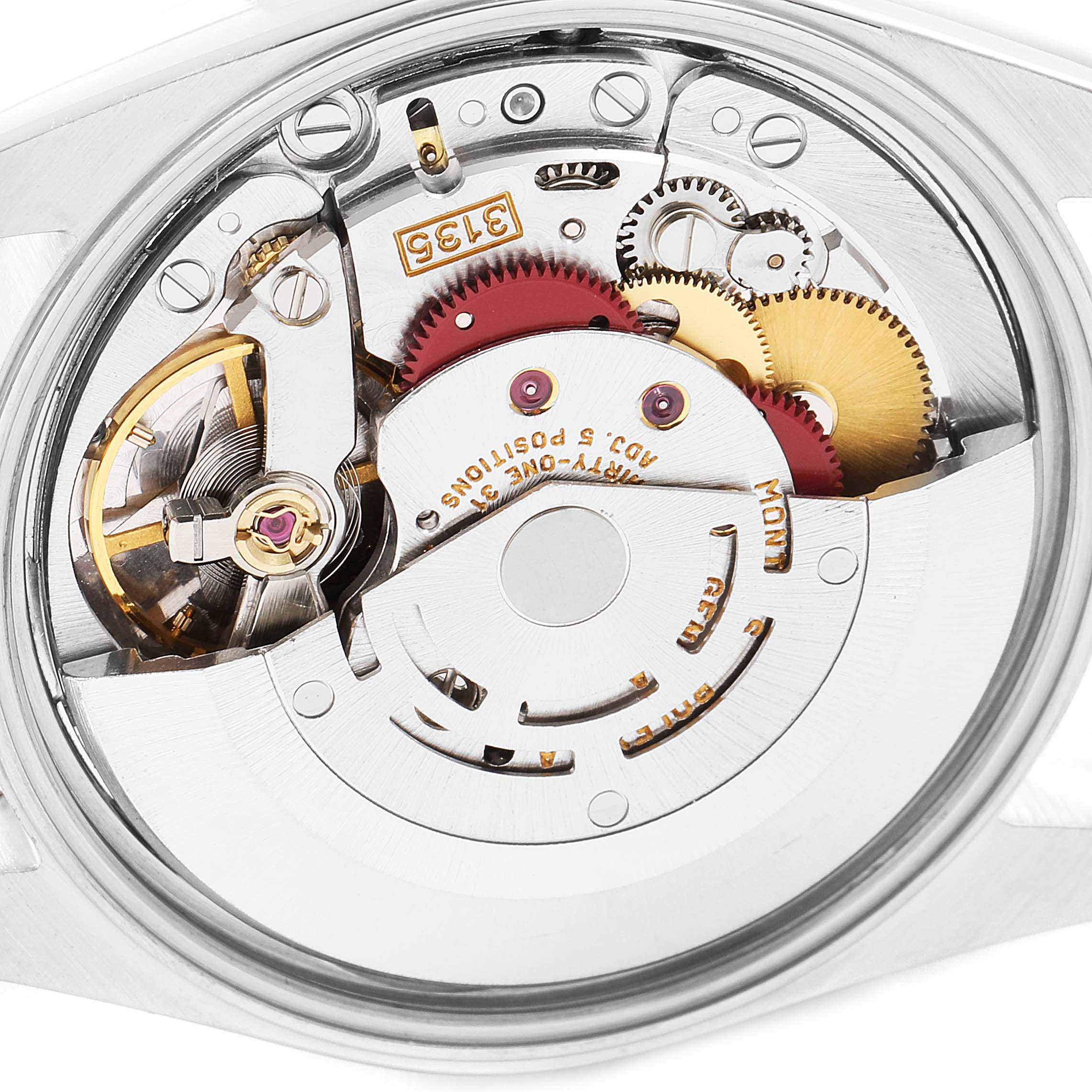 This is a close-up, top-down view of the movement mechanism inside a Rolex Date 15200 Men's Stainless Steel Silver Dial 15200 Men's Stainless Steel Silver Dial model watch.