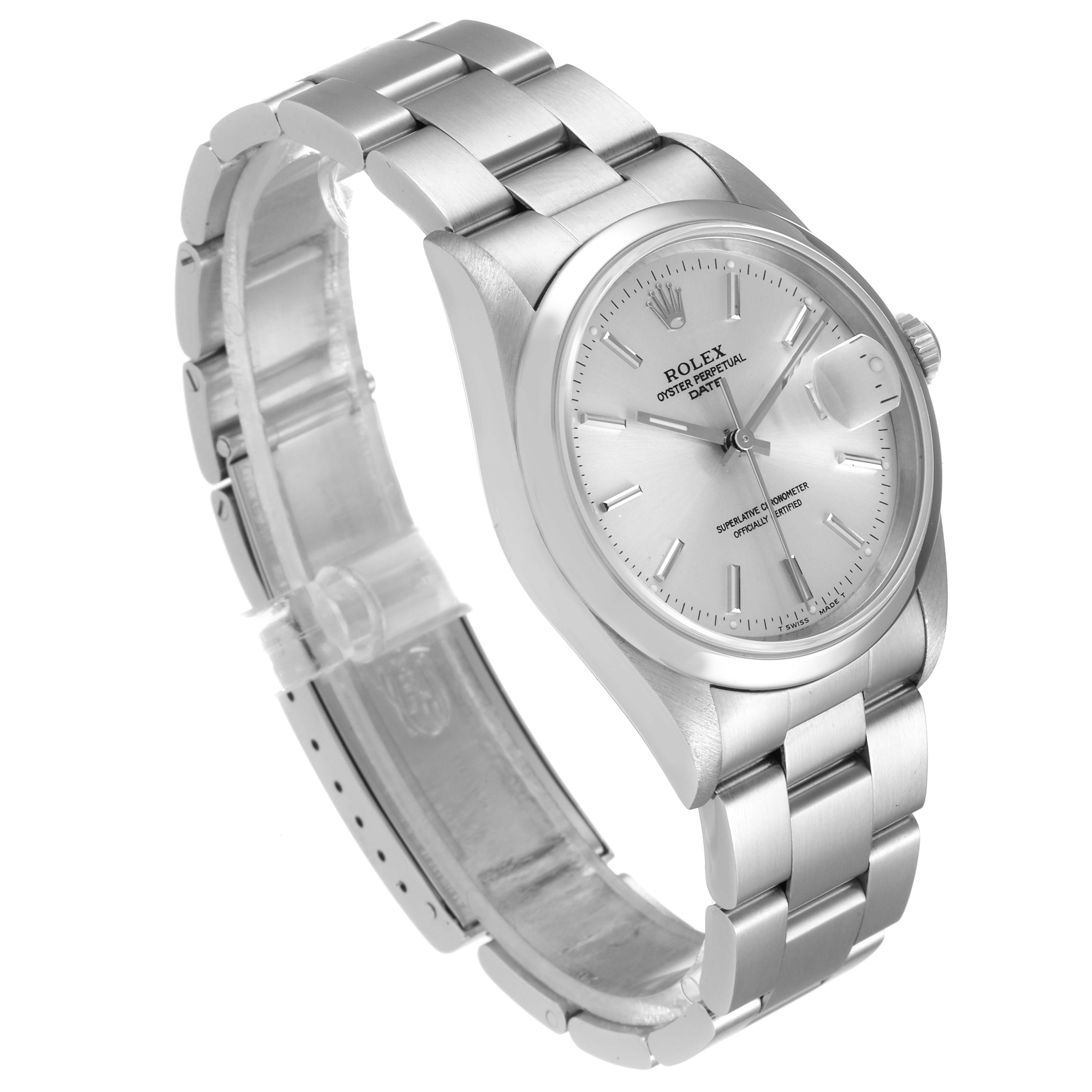 The image shows a Rolex Date 15200 Men's Stainless Steel Silver Dial 15200 Men's Stainless Steel Silver Dial model watch angled slightly from the top, highlighting its bracelet, dial, and bezel.