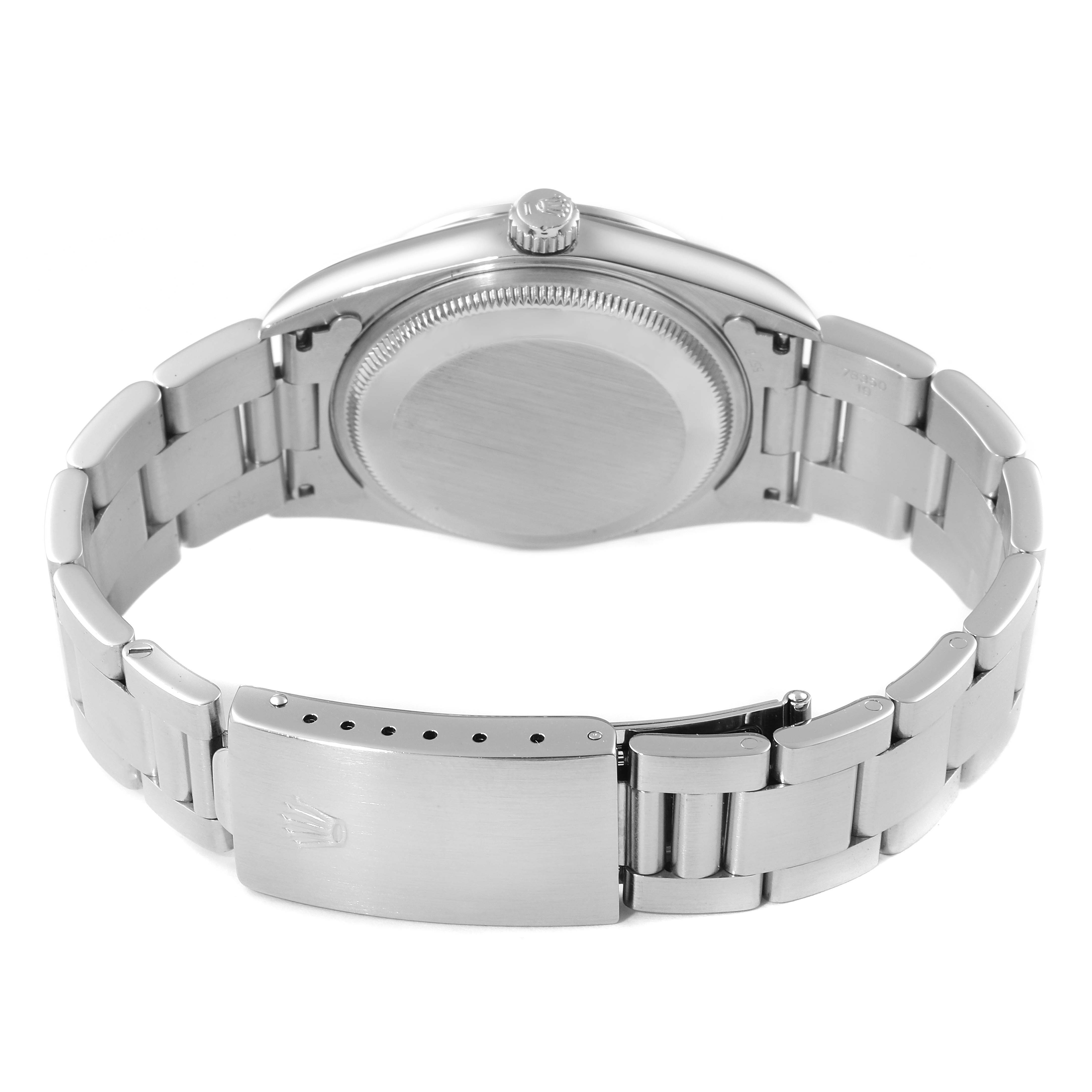 This image shows the back case, bracelet, and clasp of a Rolex Date 15200 Men's Stainless Steel Silver Dial 15200 Men's Stainless Steel Silver Dial model watch.