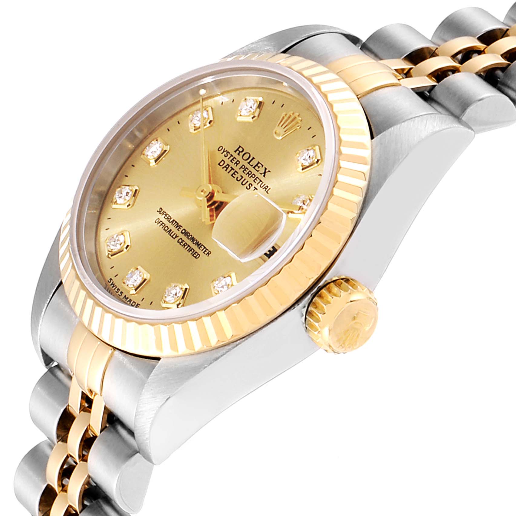 The Rolex Datejust 69173 Women's Steel and Gold (two tone) Champagne Dial 69173 Women's Steel and Gold (two tone) Champagne Dial watch is shown from an angled close-up, highlighting its dial, bezel, crown, and part of the bracelet.