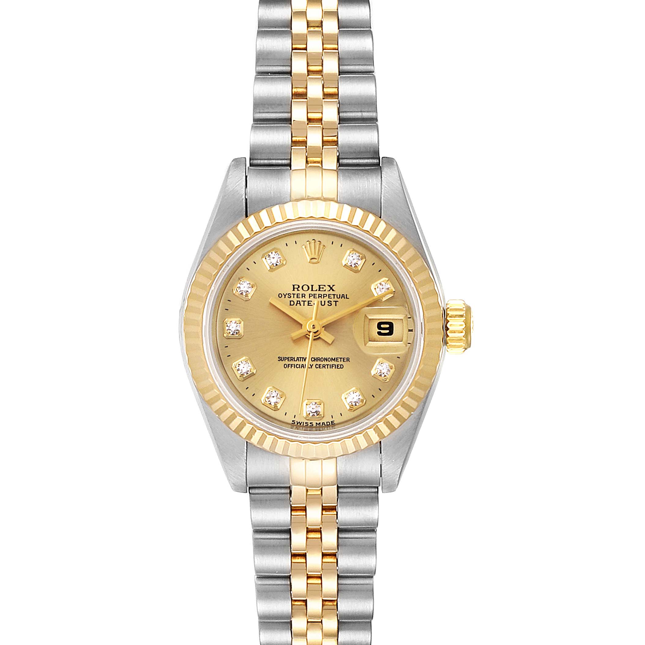 The image shows a front view of the Rolex Datejust 69173 Women's Steel and Gold (two tone) Champagne Dial 69173 Women's Steel and Gold (two tone) Champagne Dial watch, displaying its face, bezel, and bracelet.
