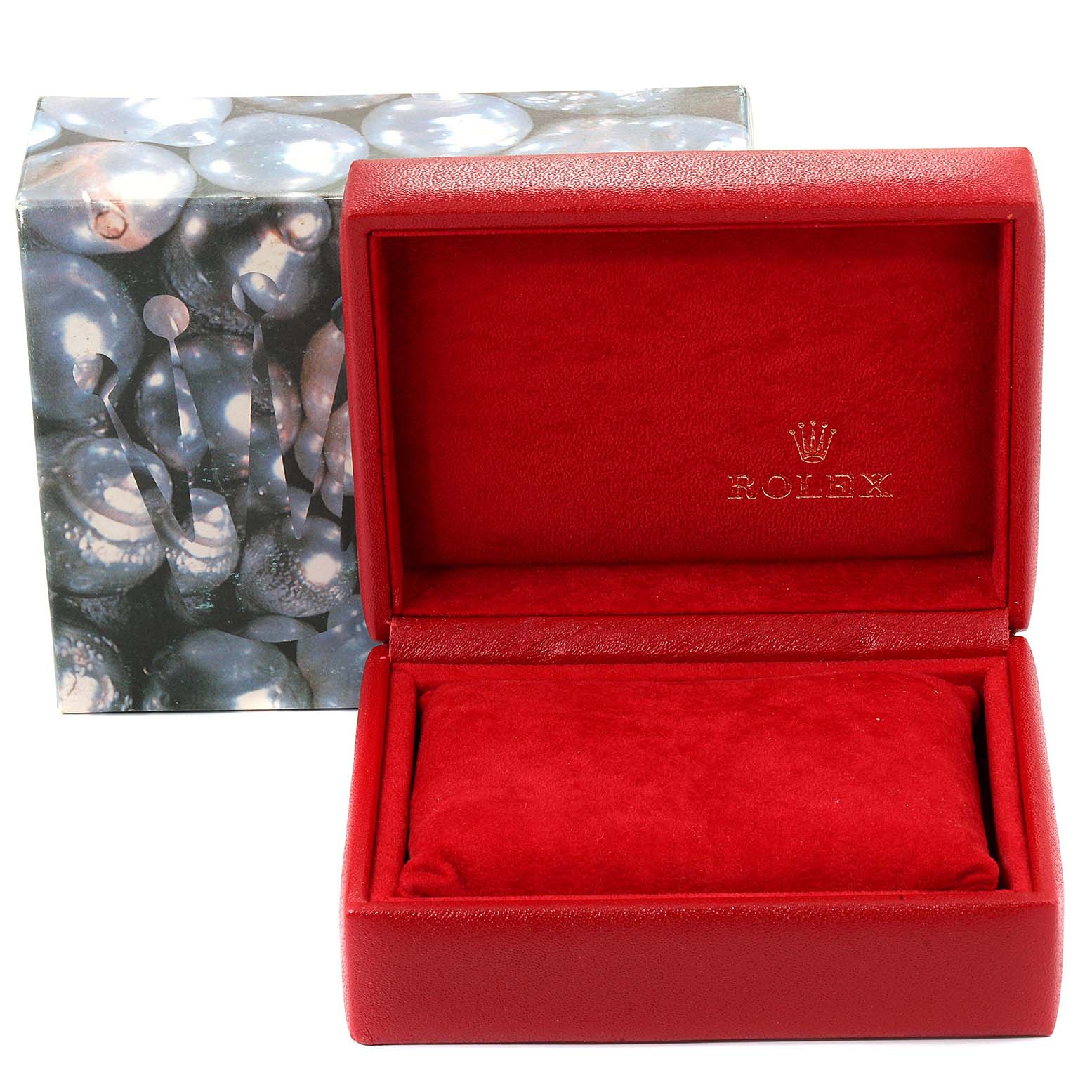 The image shows an empty red Rolex Datejust 69173 Women's Steel and Gold (two tone) Champagne Dial 69173 Women's Steel and Gold (two tone) Champagne Dial watch box and its outer packaging.