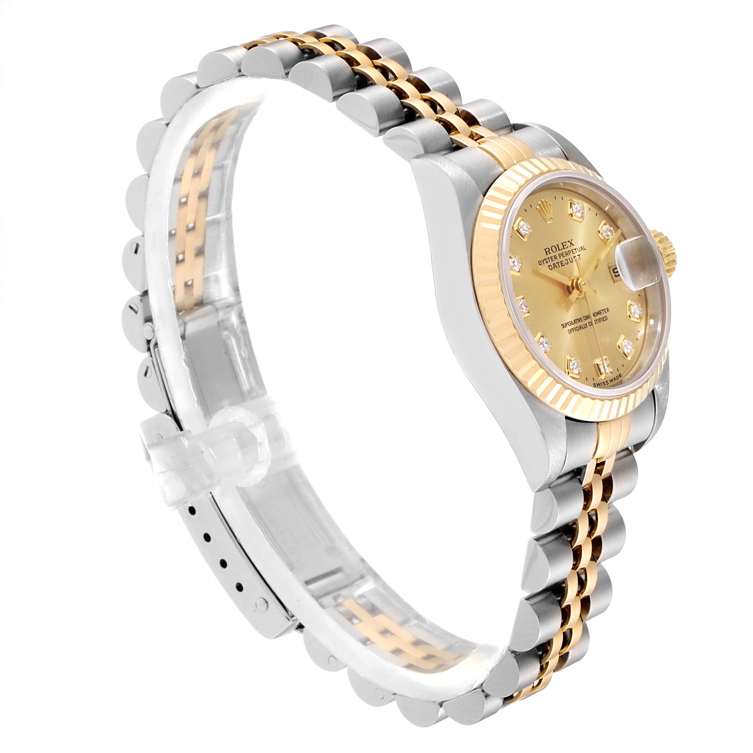 The image shows a side view of a Rolex Datejust 69173 Women's Steel and Gold (two tone) Champagne Dial 69173 Women's Steel and Gold (two tone) Champagne Dial watch with its bracelet, crown, and gold-tone dial visible.