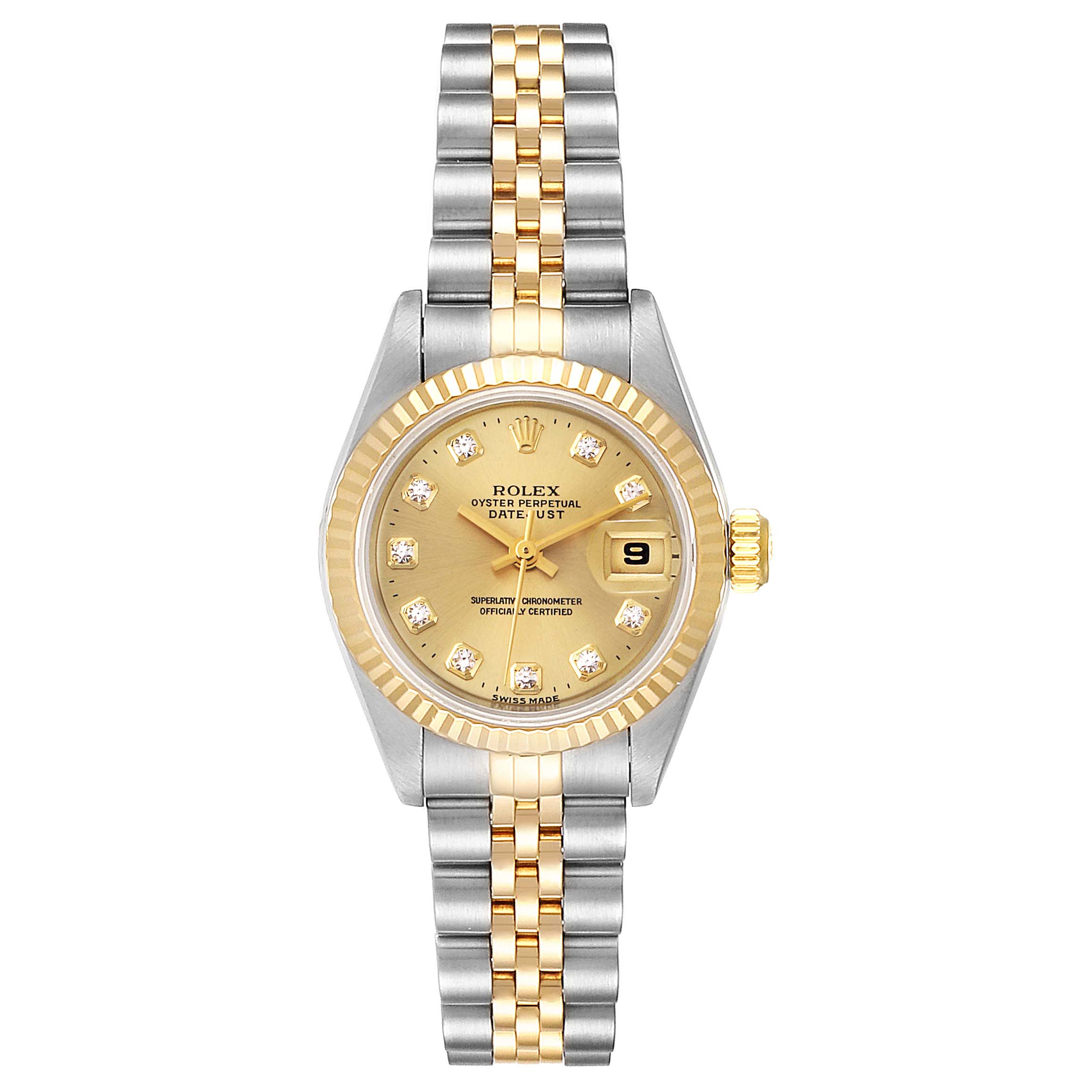 The Rolex Datejust 69173 Women's Steel and Gold (two tone) Champagne Dial 69173 Women's Steel and Gold (two tone) Champagne Dial watch is displayed from the front, showing the face, bezel, and bracelet.