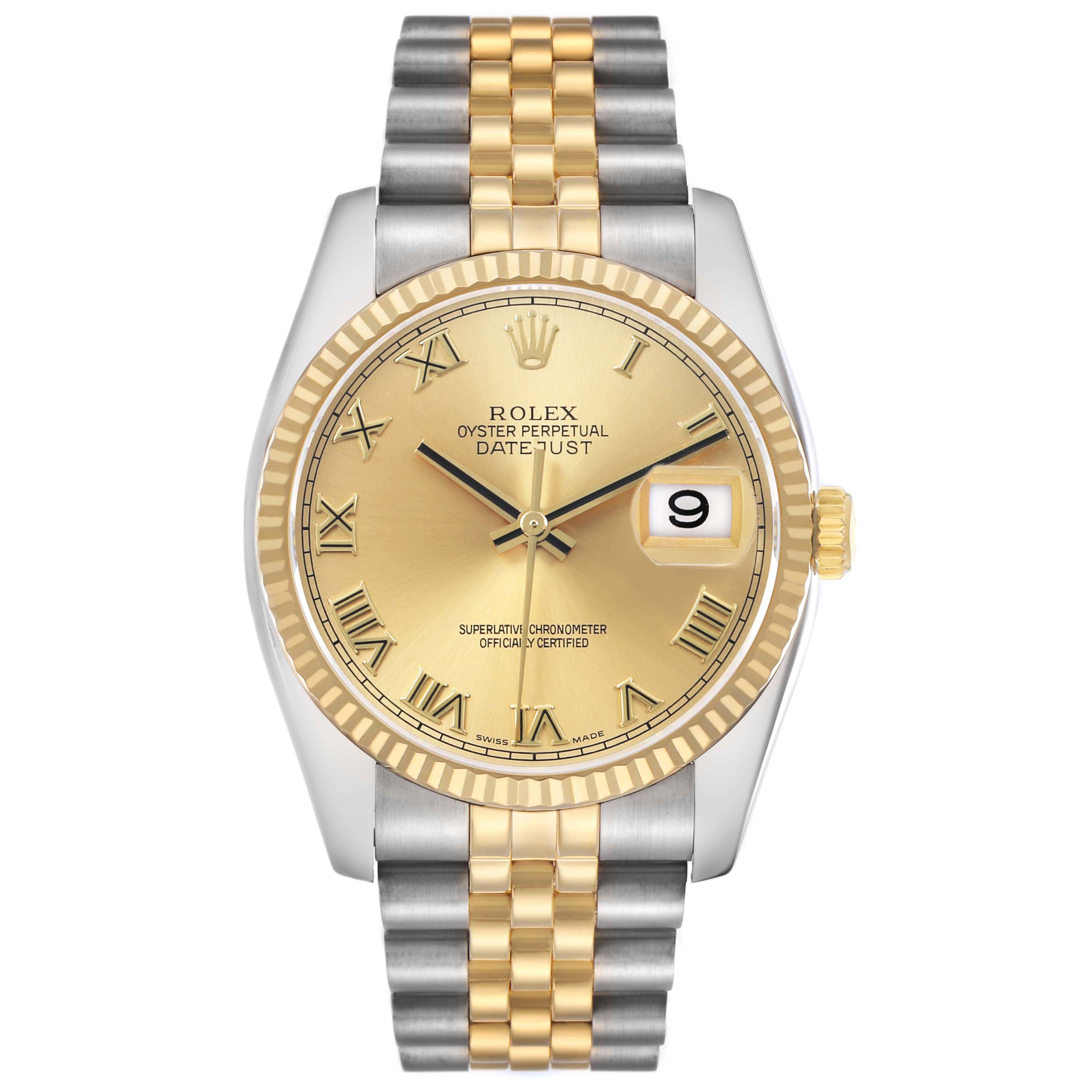 The Rolex Datejust 116233 Men's Stainless Steel Champagne Dial watch is shown from the front, highlighting the dial, fluted bezel, and two-tone bracelet.