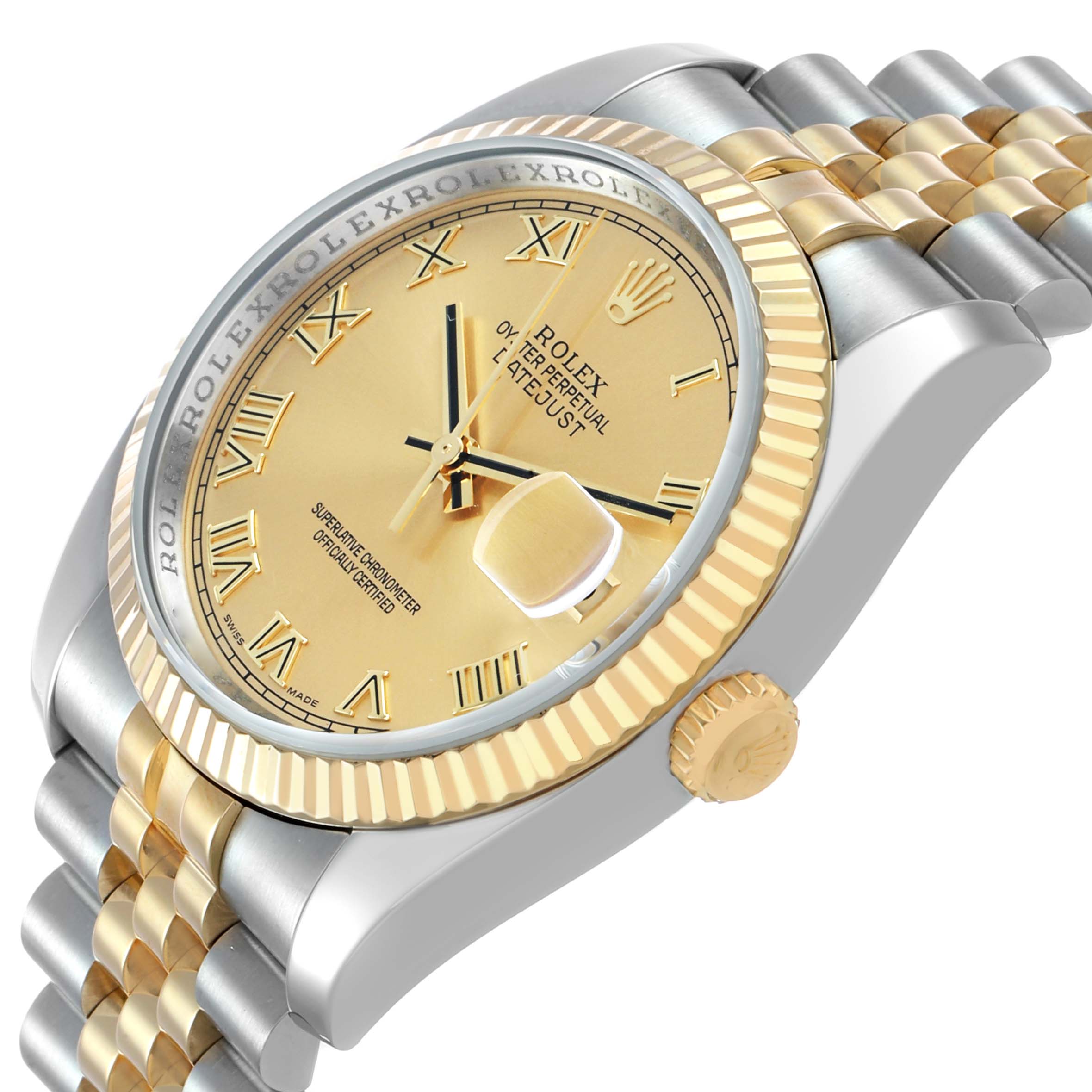 The Rolex Datejust 116233 Men's Stainless Steel Champagne Dial watch is angled to show the gold dial, bezel, and part of the bracelet.