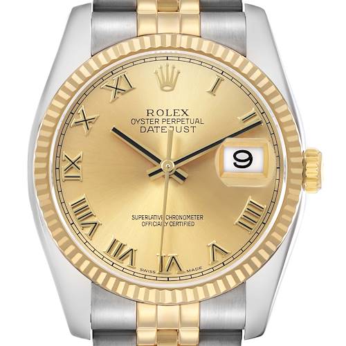 Photo of Rolex Datejust 36 Champagne Roman Dial Steel Yellow Gold Mens Watch 116233