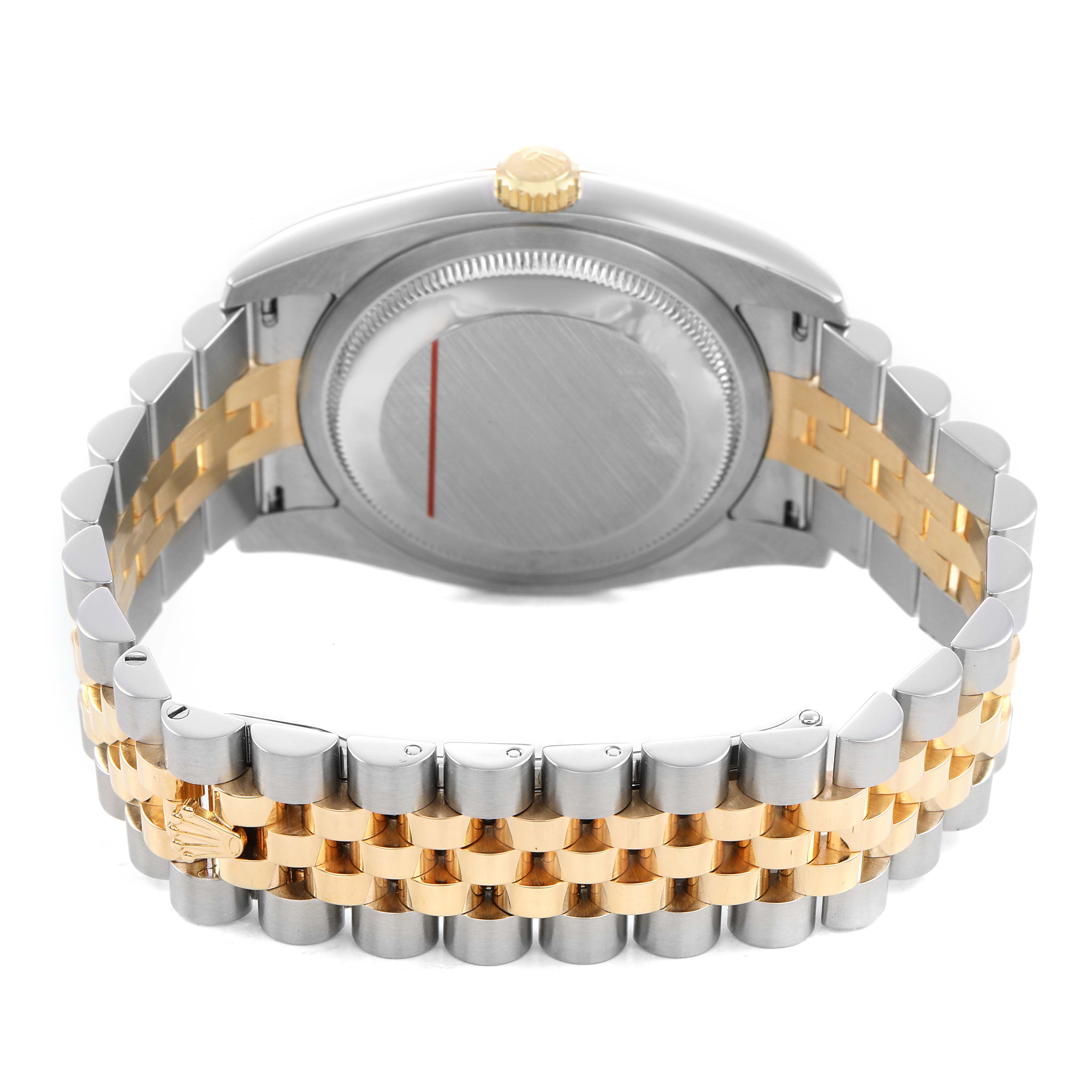 The image shows the back and bracelet of a Rolex Datejust 116233 Men's Stainless Steel Champagne Dial, highlighting the two-tone metal and clasp.