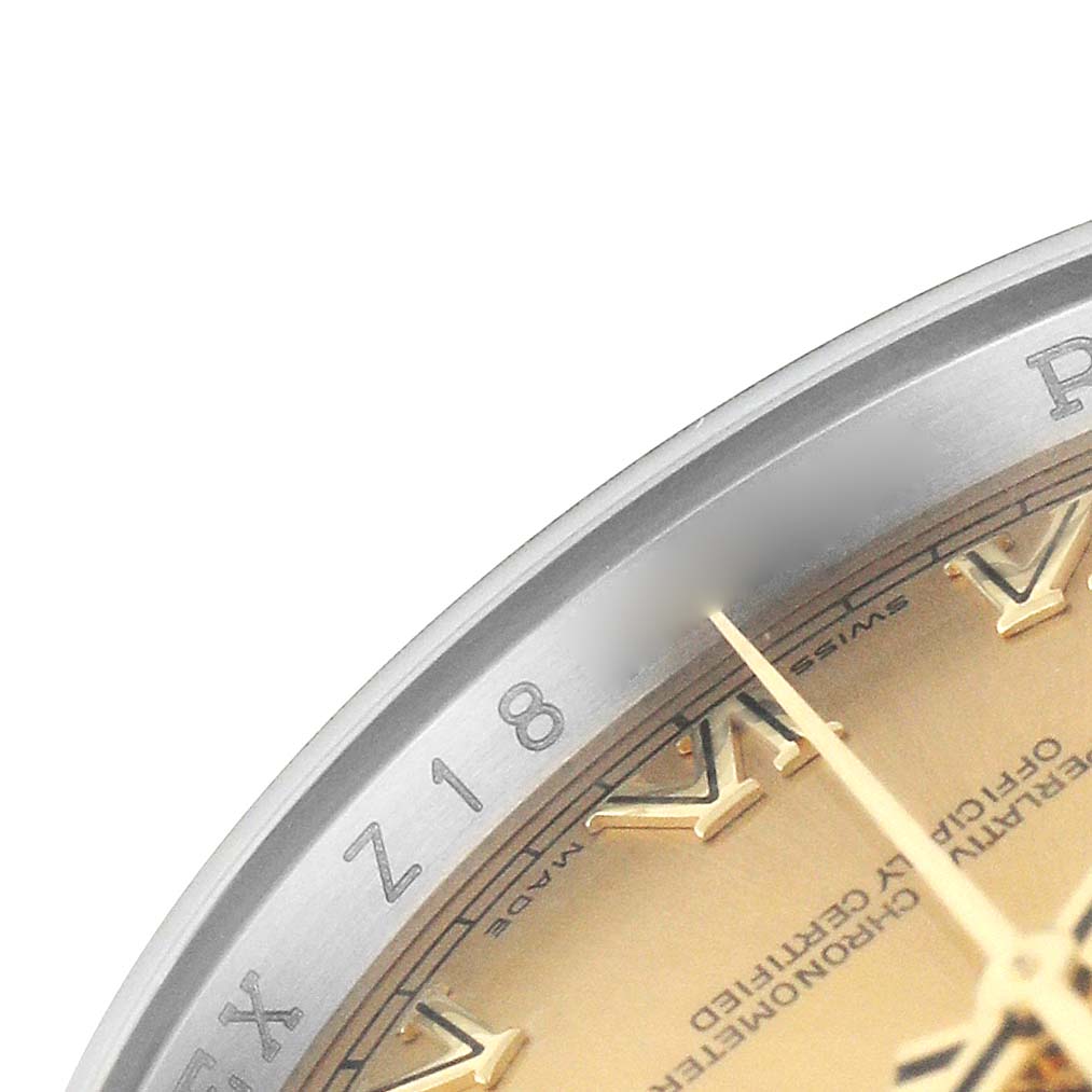 The image shows a close-up of the Rolex Datejust 116233 Men's Stainless Steel Champagne Dial watch, focusing on the dial and bezel area with Roman numerals.
