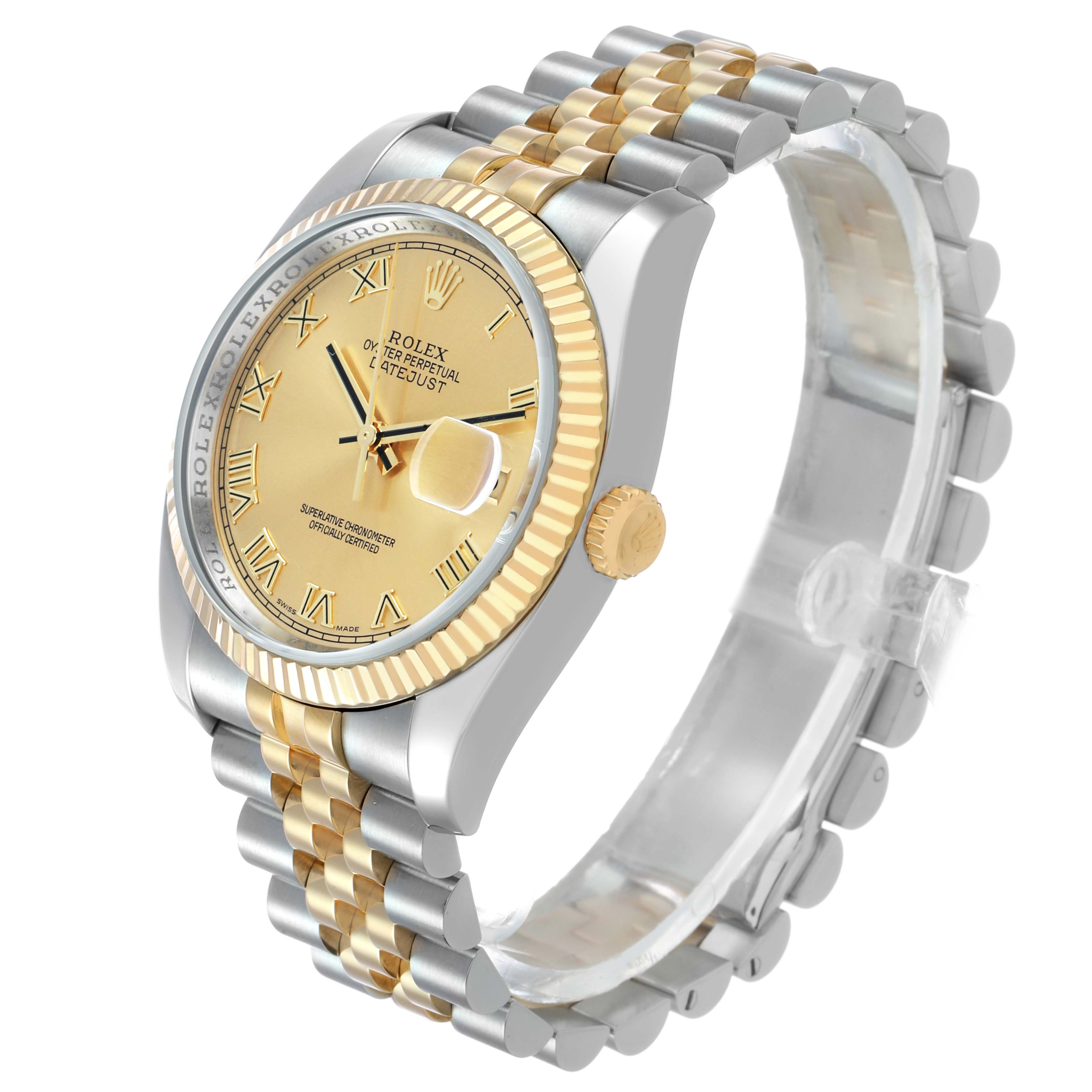 The Rolex Datejust 116233 Men's Stainless Steel Champagne Dial watch is shown at a three-quarter angle, highlighting the face, bezel, crown, and Jubilee bracelet.