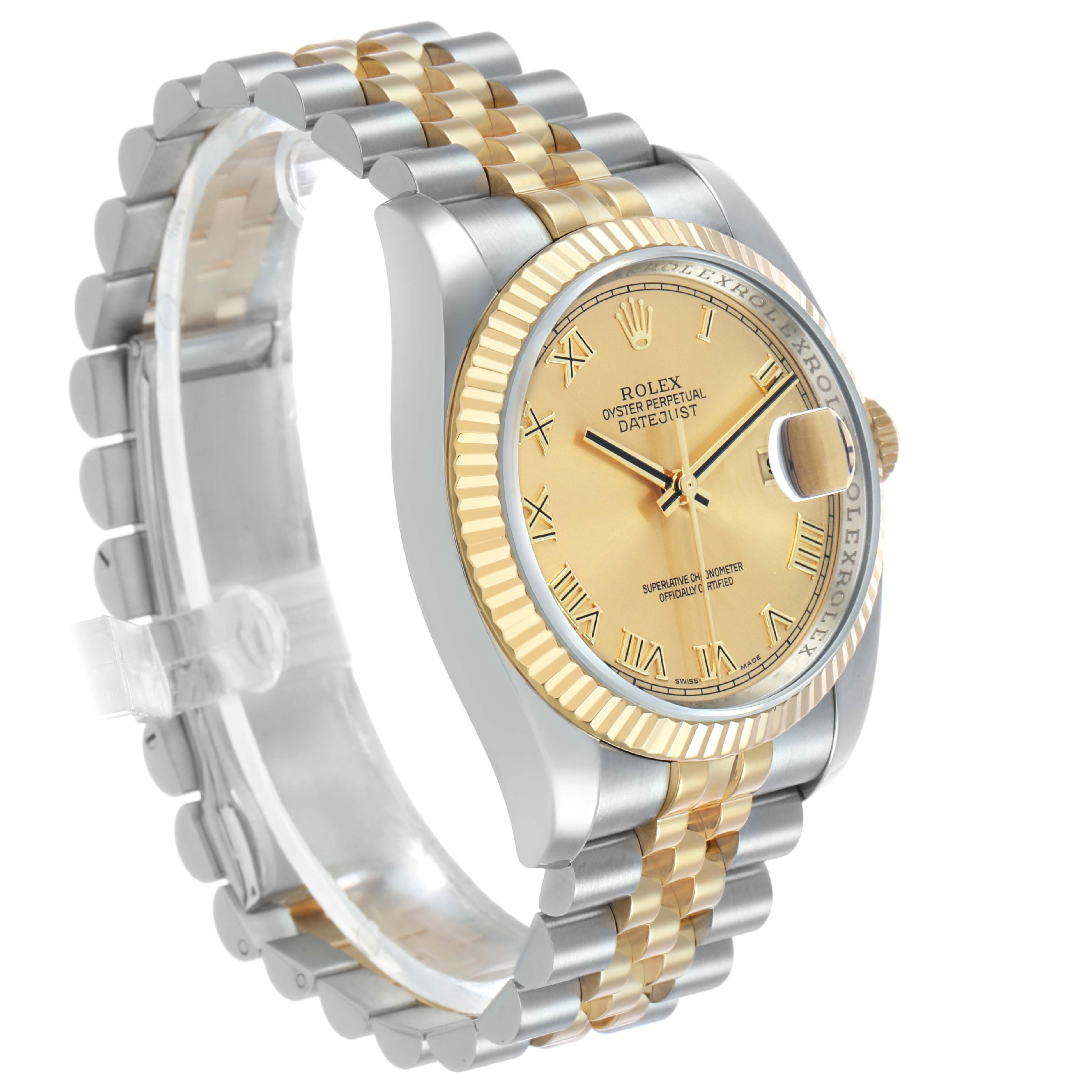 The Rolex Datejust 116233 Men's Stainless Steel Champagne Dial is shown from a three-quarter angle highlighting the case, gold dial, fluted bezel, and two-tone bracelet.