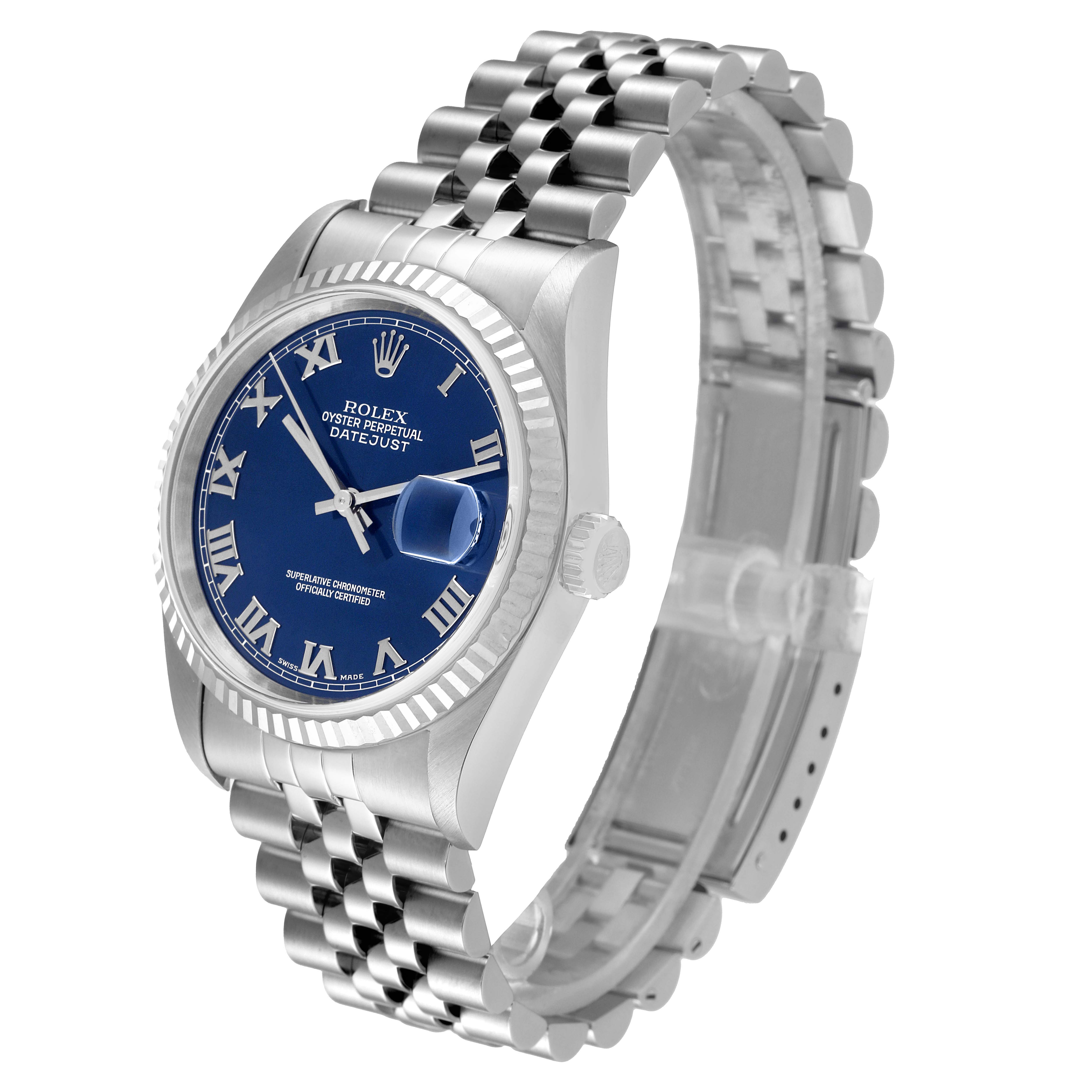 This image shows the Rolex Datejust 16234 Men's Stainless Steel Blue Dial 16234 Men's Stainless Steel Blue Dial watch at a slight angle, highlighting the face, bezel, crown, and part of the bracelet.