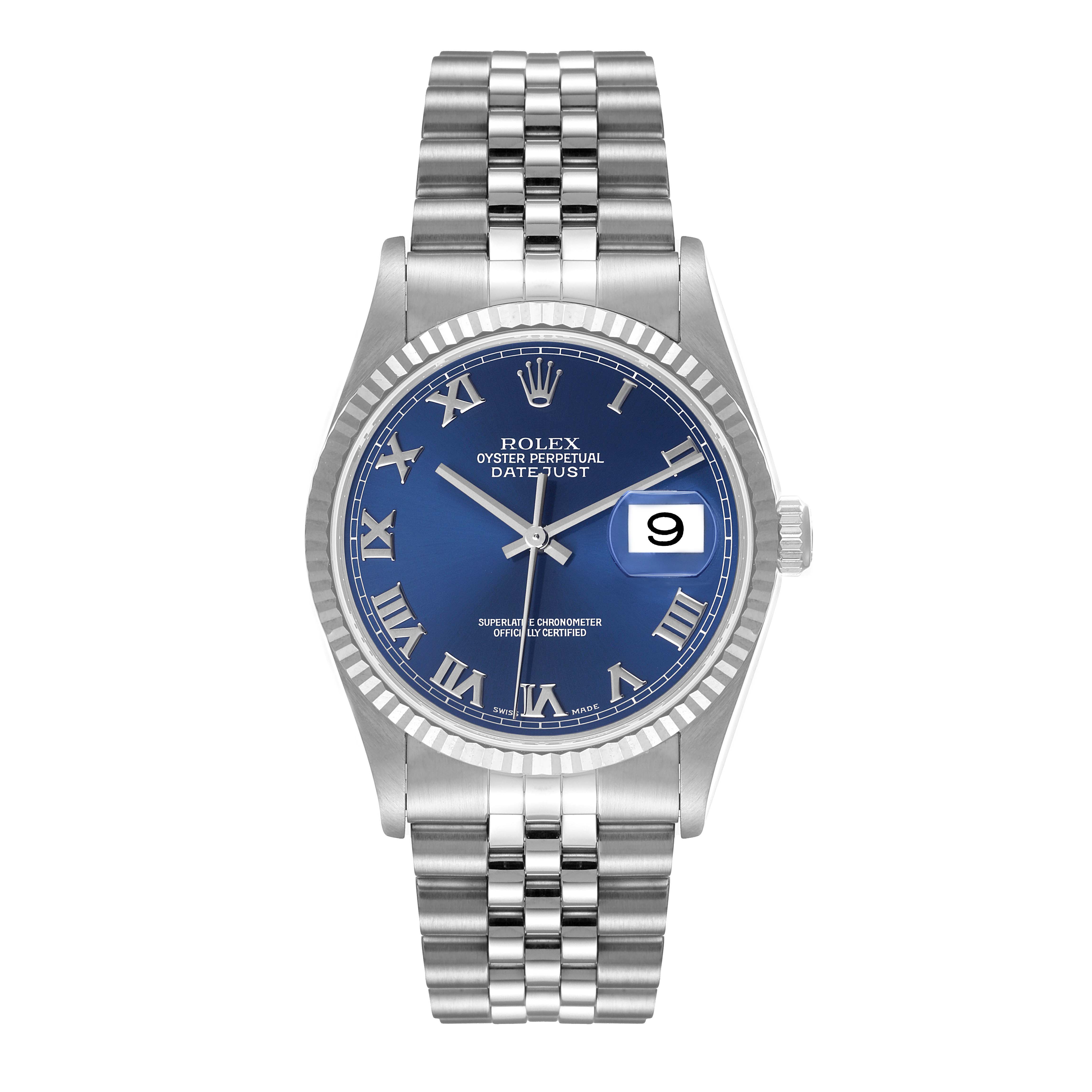 The Rolex Datejust 16234 Men's Stainless Steel Blue Dial 16234 Men's Stainless Steel Blue Dial watch is shown from the front, displaying the face, dial, bracelet, and date window.