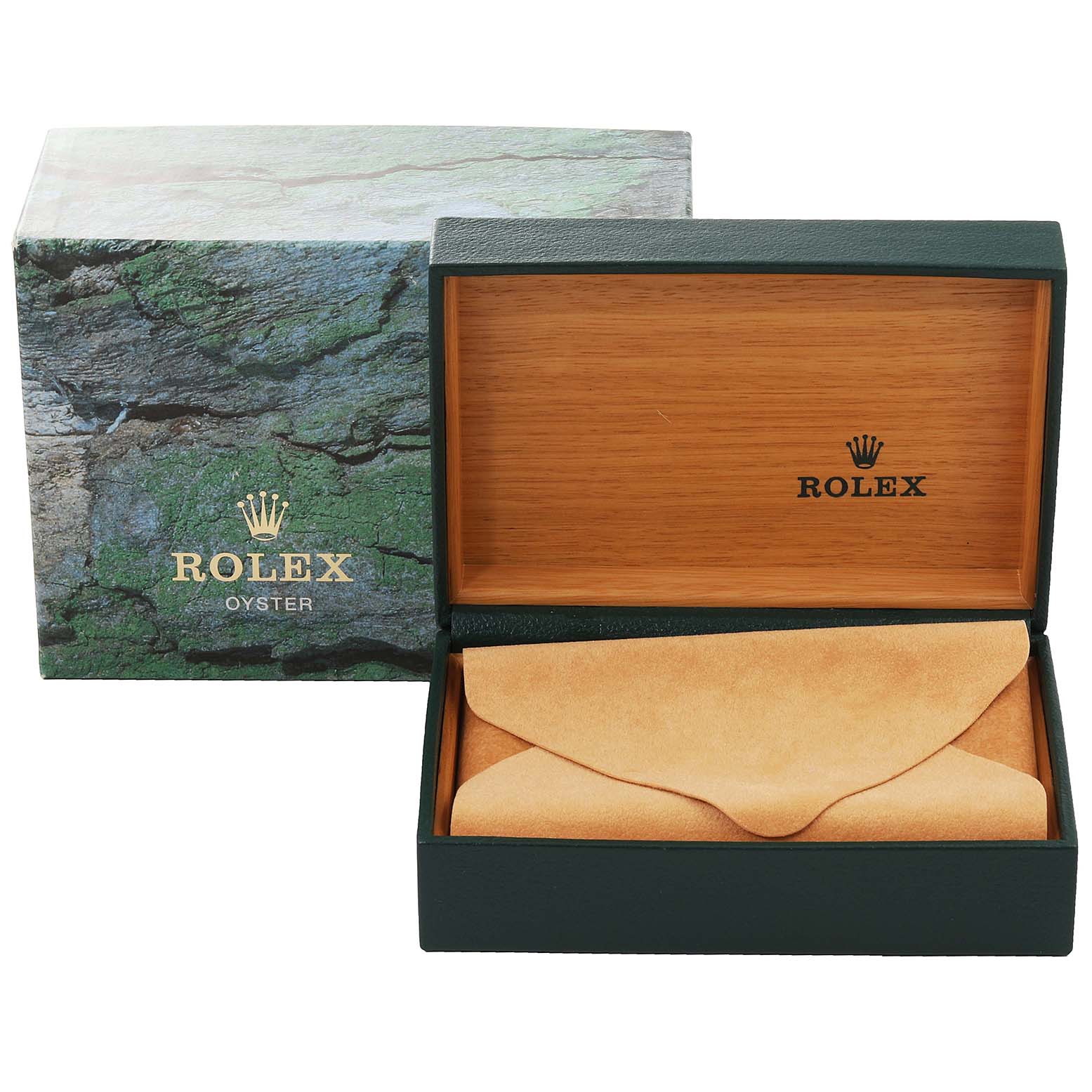 The image shows a closed Rolex Datejust 16234 Men's Stainless Steel Blue Dial 16234 Men's Stainless Steel Blue Dial watch box and an open wooden interior with a suede pouch.