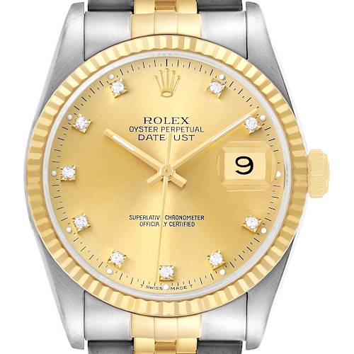 The Rolex Datejust 16233 Men's Stainless Steel Champagne Dial is shown head-on, displaying the gold dial, fluted bezel, and part of the two-tone bracelet.