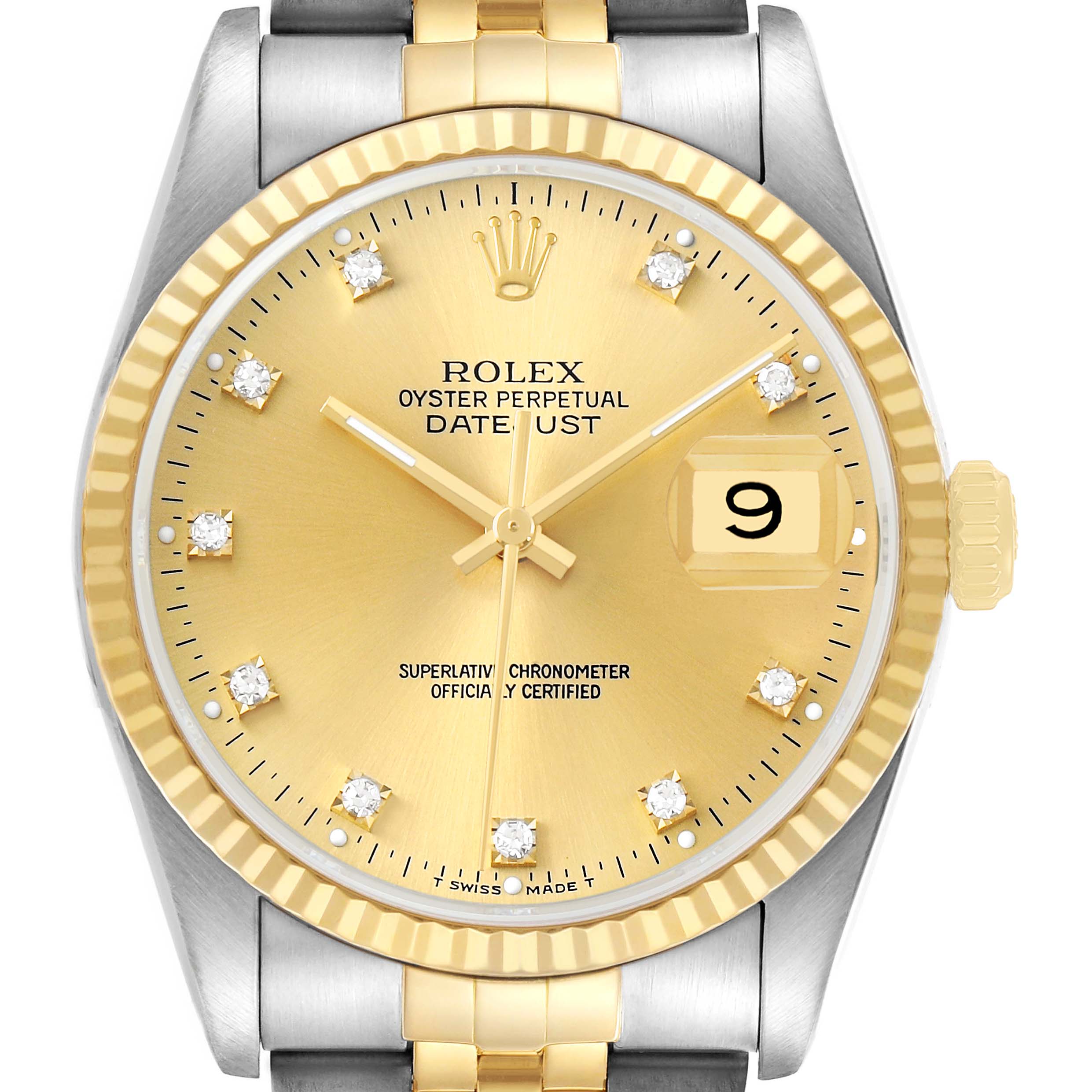 This image shows a front view of a Rolex Datejust 16233 Men's Stainless Steel Champagne Dial watch featuring its gold dial, diamond hour markers, and two-tone jubilee bracelet.