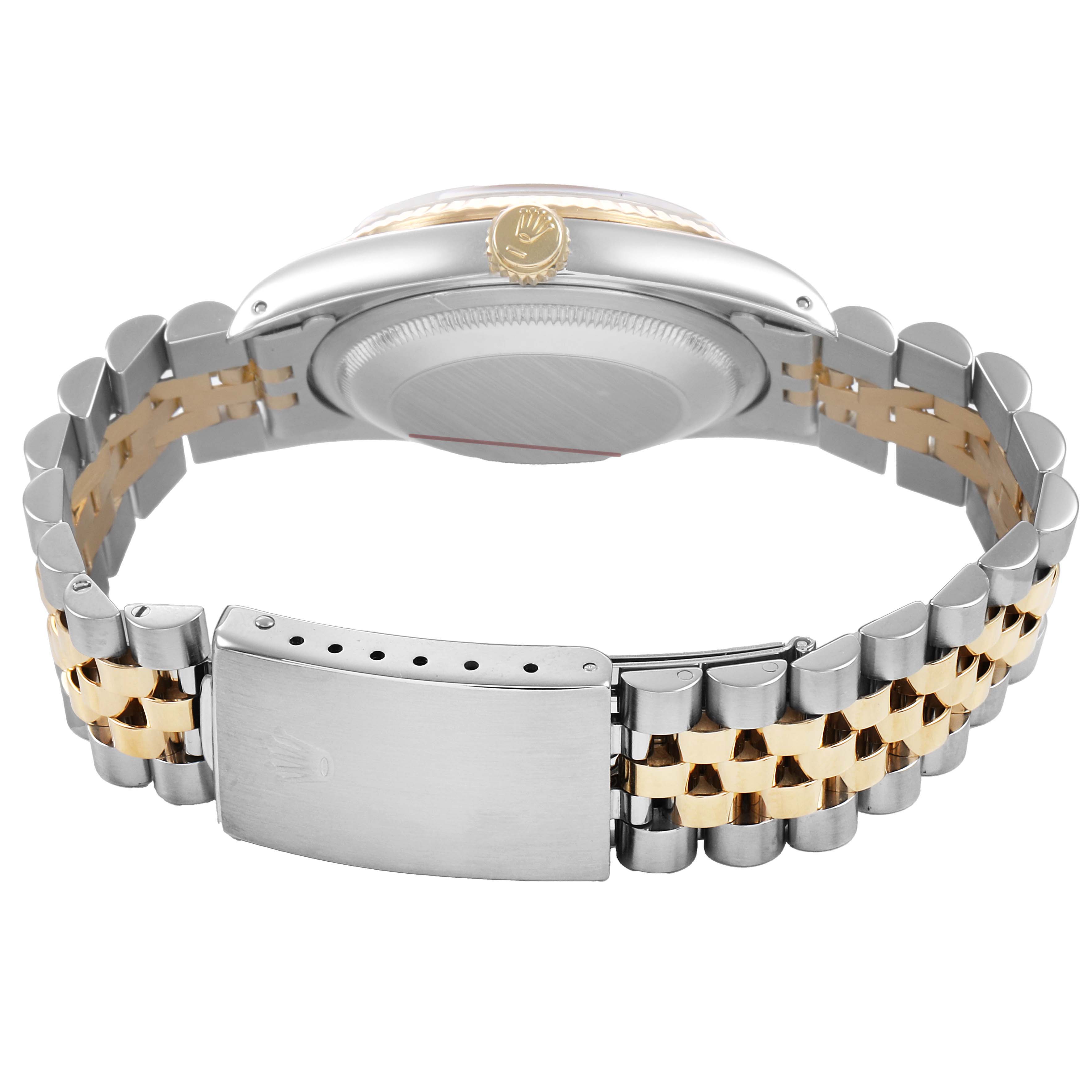 The image shows a Rolex Datejust 16233 Men's Stainless Steel Champagne Dial watch from a rear angle, highlighting the two-tone bracelet, clasp, and case back.