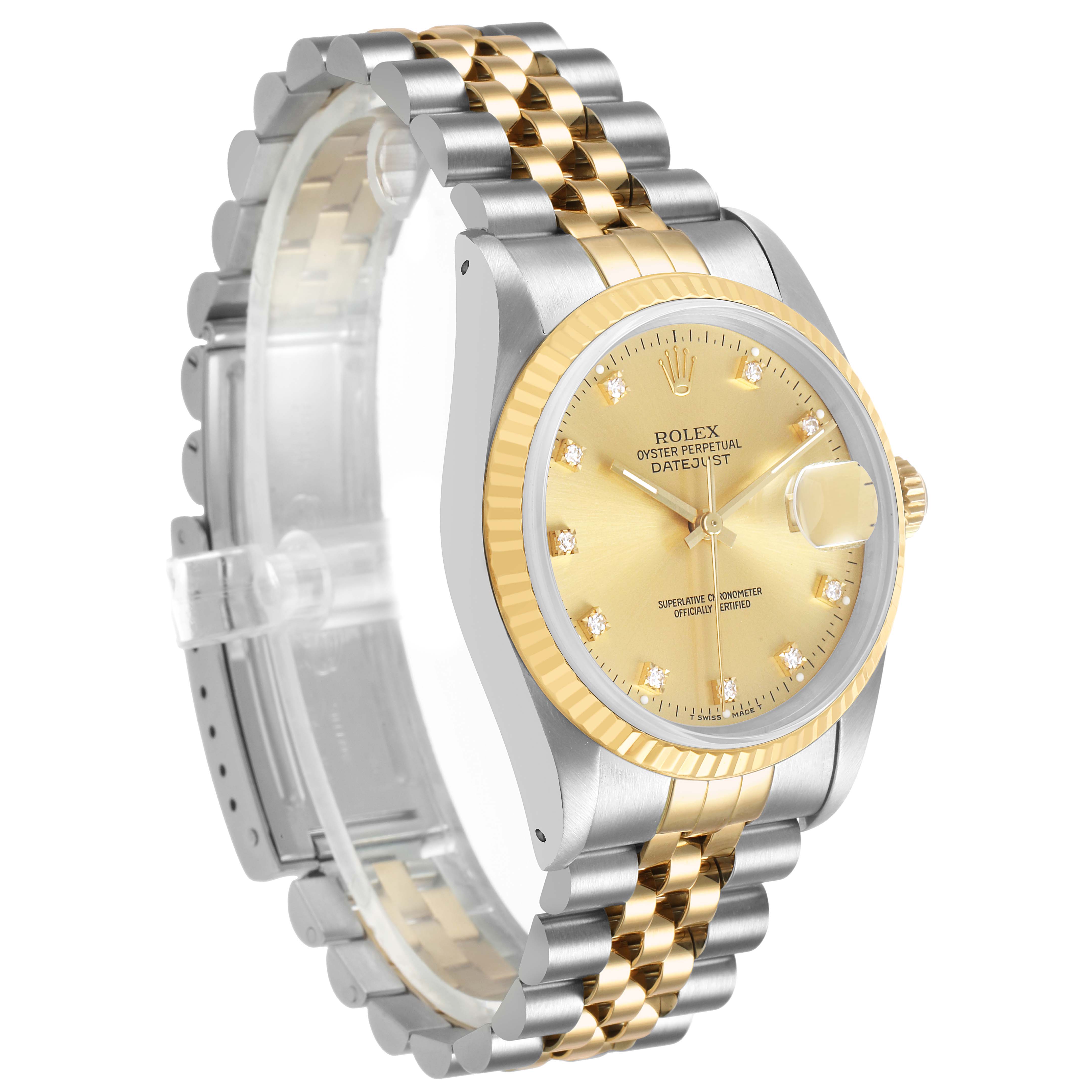 The Rolex Datejust 16233 Men's Stainless Steel Champagne Dial watch is shown at a three-quarter angle, highlighting its two-tone bracelet, fluted bezel, and dial with diamond hour markers.