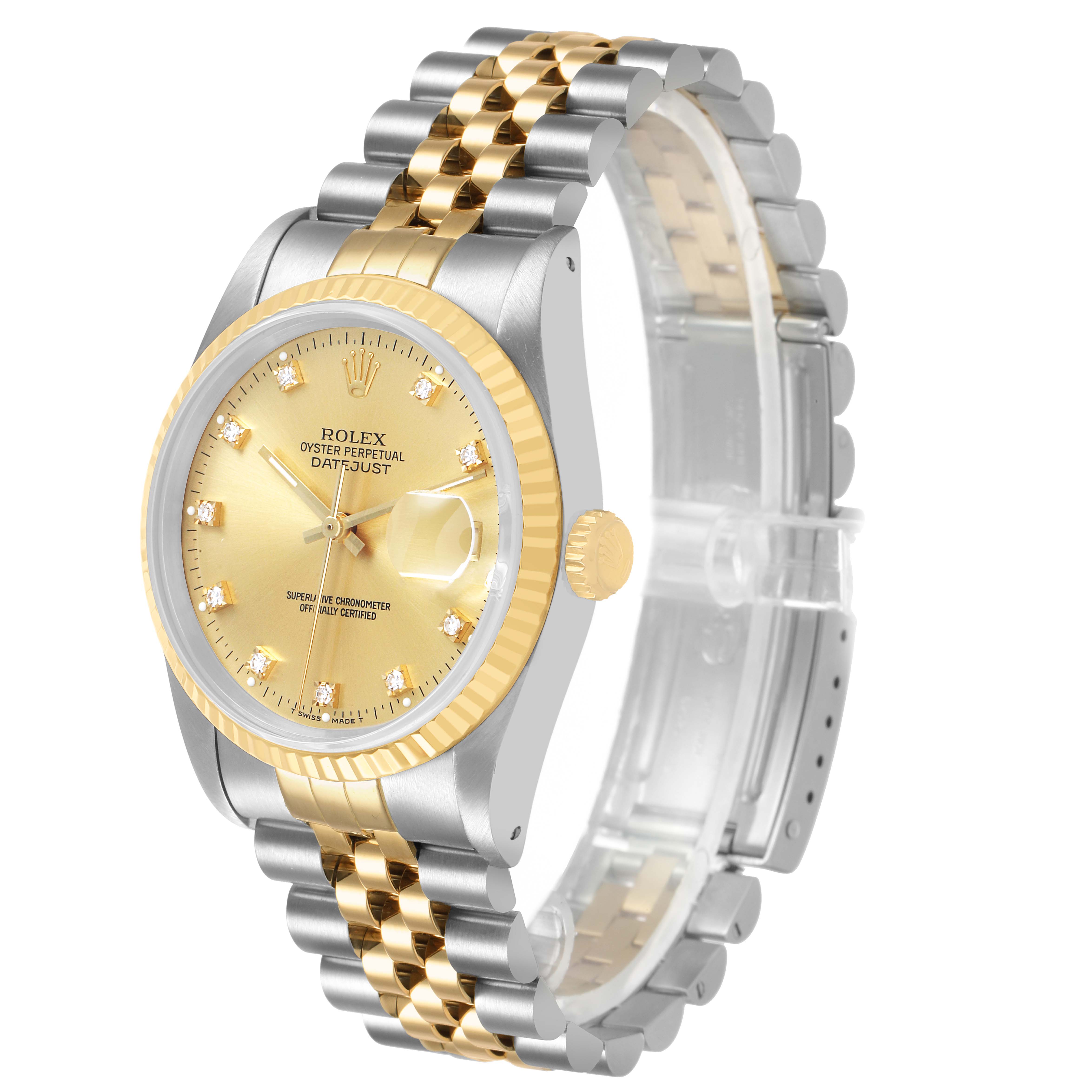 The Rolex Datejust 16233 Men's Stainless Steel Champagne Dial watch is shown at a slight angle, highlighting the gold dial, fluted bezel, and two-tone jubilee bracelet.