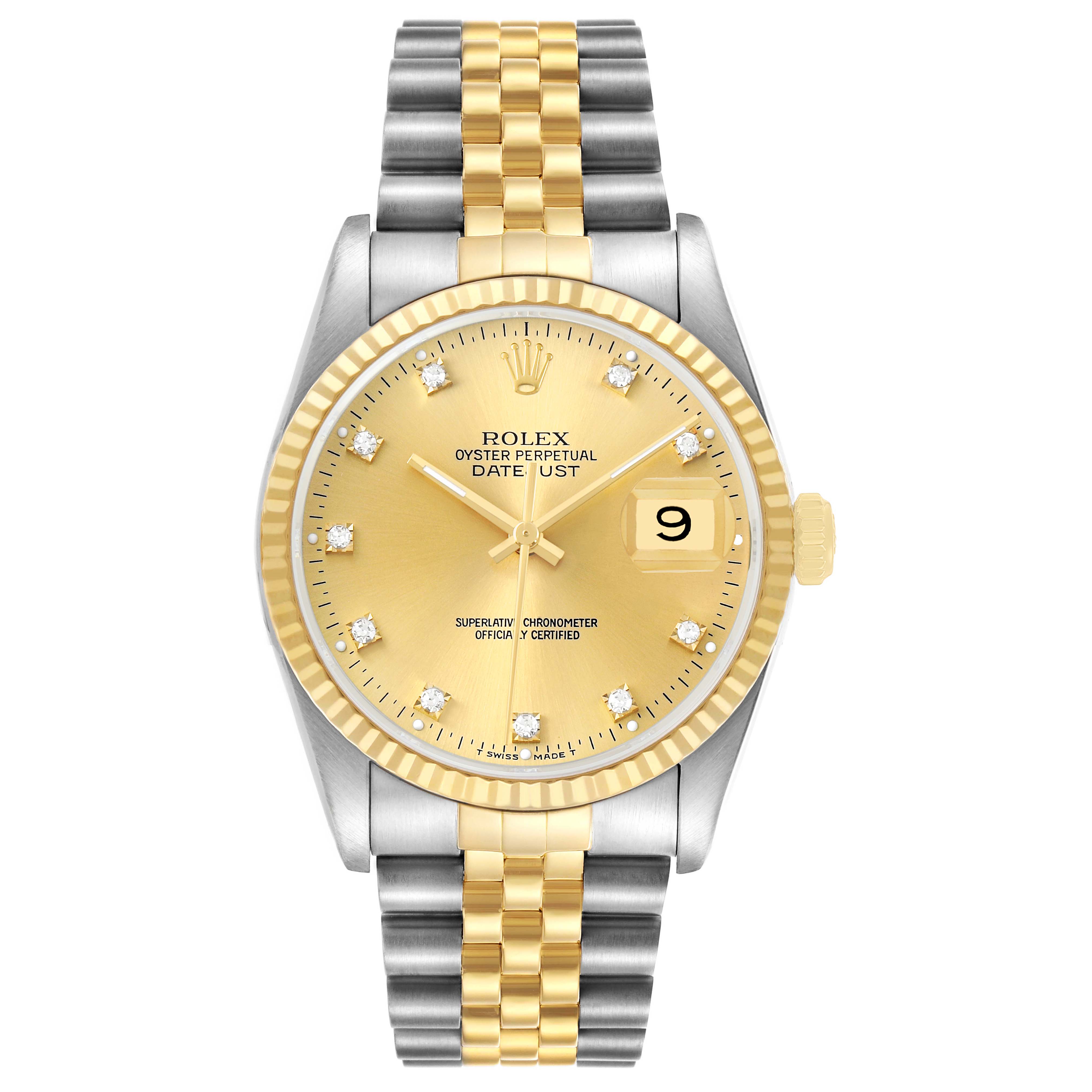 The Rolex Datejust 16233 Men's Stainless Steel Champagne Dial watch is shown from a front view, highlighting its dial, bezel, and two-tone bracelet.