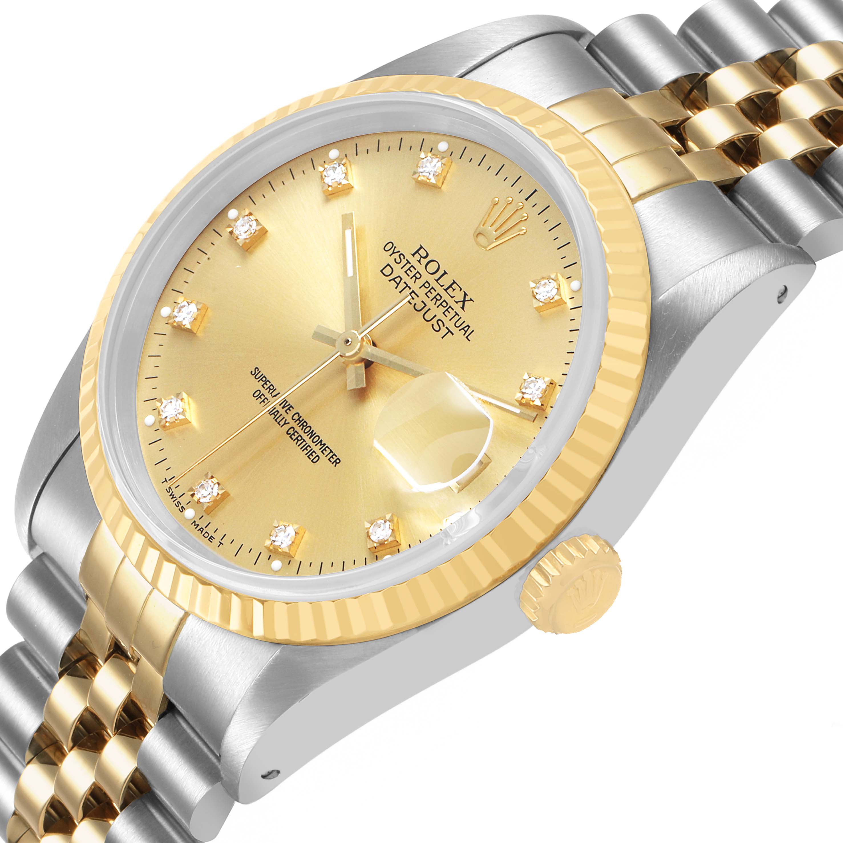 The image shows a Rolex Datejust 16233 Men's Stainless Steel Champagne Dial watch at a tilted angle, highlighting the dial, bezel, crown, and Jubilee bracelet.