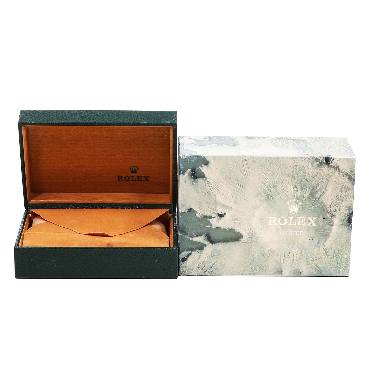 The image shows a Rolex Datejust 16233 Men's Stainless Steel Champagne Dial watch box with an open green outer box and a closed marbled paper sleeve.
