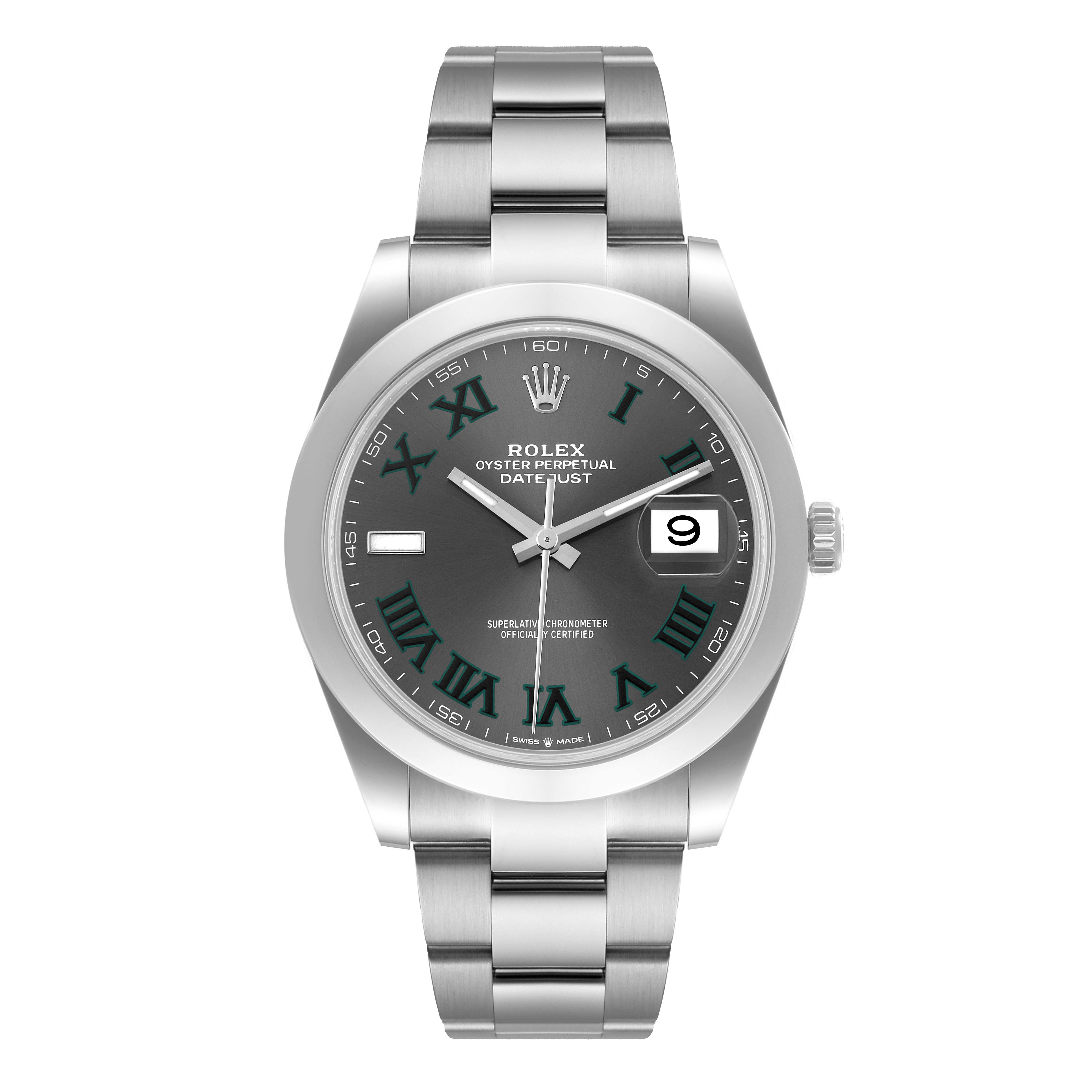 The image shows a front view of a Rolex Datejust 41 126300 Men's Stainless Steel Grey Dial 126300 Men's Stainless Steel Grey Dial watch, highlighting its dial, date function, and metal bracelet.