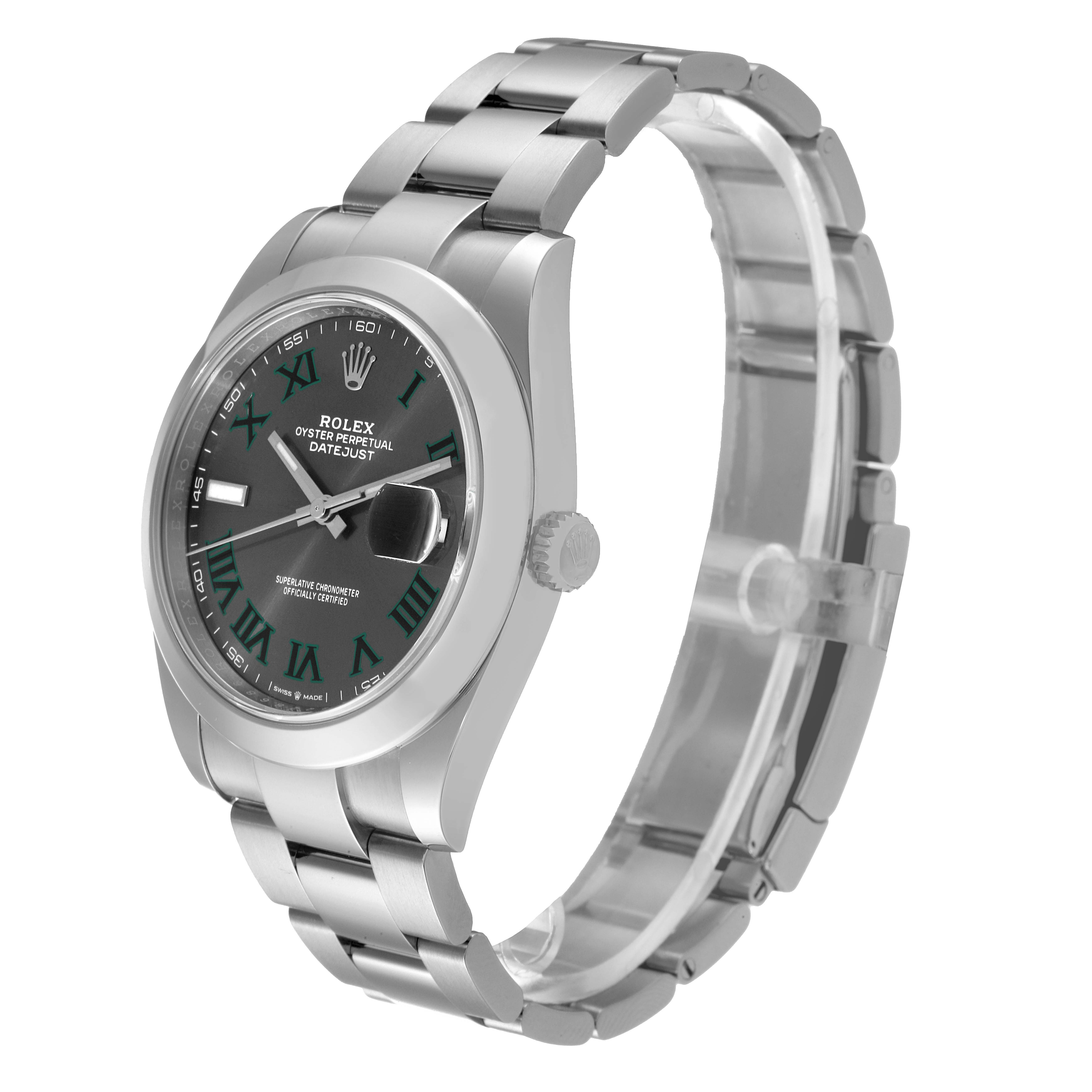 The Rolex Datejust 41 126300 Men's Stainless Steel Grey Dial 126300 Men's Stainless Steel Grey Dial is shown from a side angle, highlighting the bracelet, dial, case, and crown.