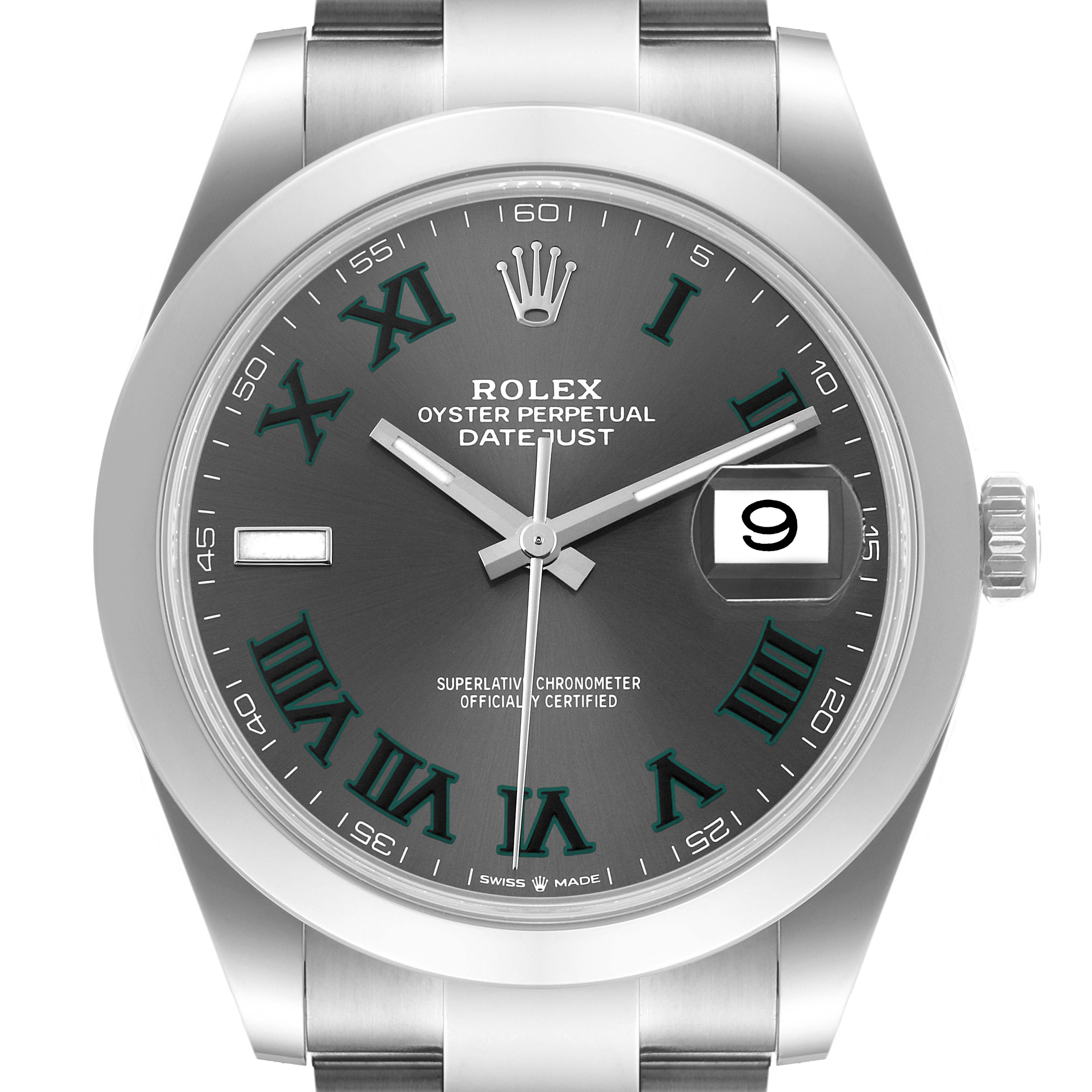The image shows a front view of the Rolex Datejust 41 126300 Men's Stainless Steel Grey Dial 126300 Men's Stainless Steel Grey Dial watch, focusing on the grey dial, Roman numeral markers, and date window at 3 o'clock.