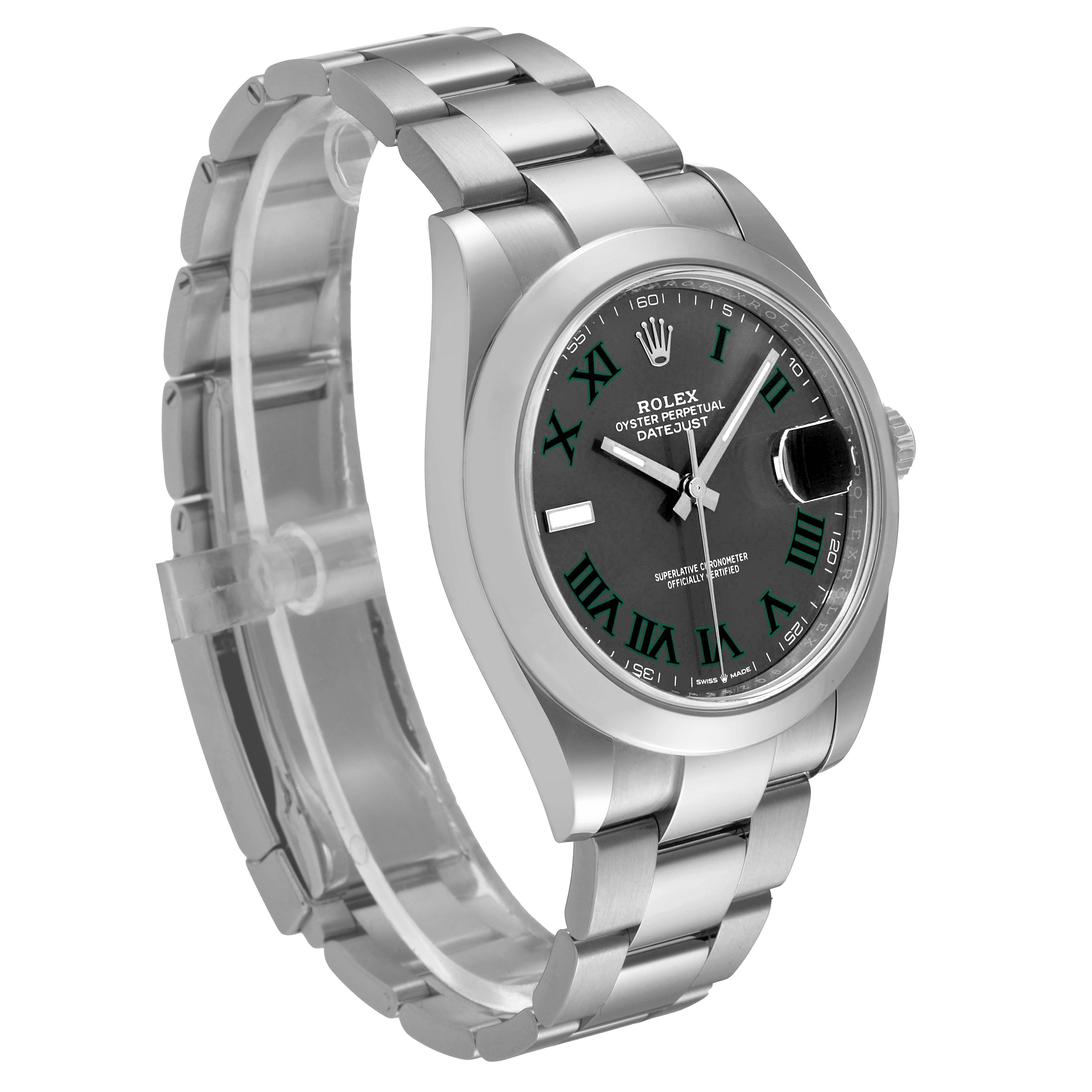 The Rolex Datejust 41 126300 Men's Stainless Steel Grey Dial 126300 Men's Stainless Steel Grey Dial watch is shown from a 3/4 angle highlighting the face, bezel, bracelet, and part of the crown.