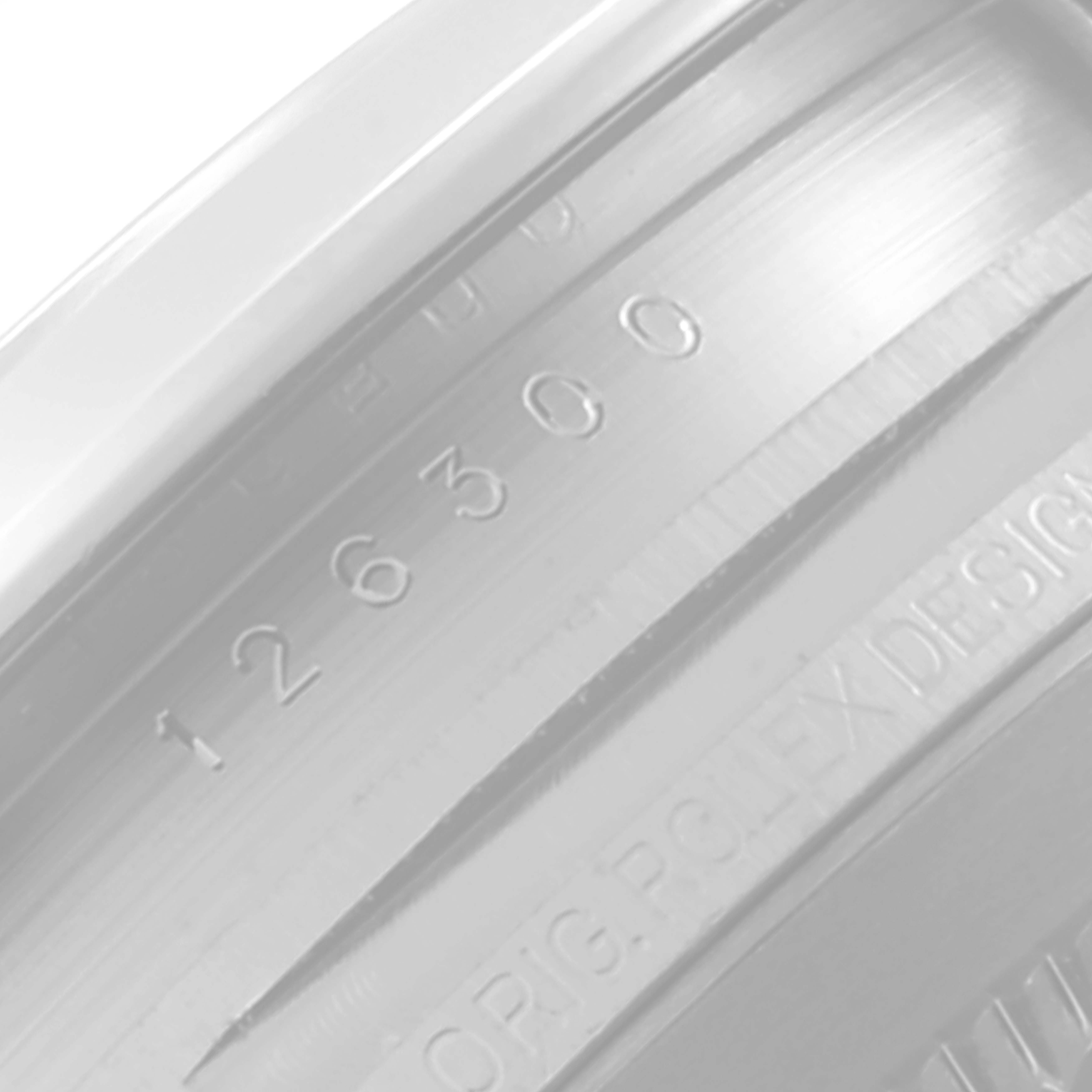 The image shows a close-up of the engraved model number "126300" on the inside of the bezel of a Rolex Datejust 41 126300 Men's Stainless Steel Grey Dial 126300 Men's Stainless Steel Grey Dial watch.