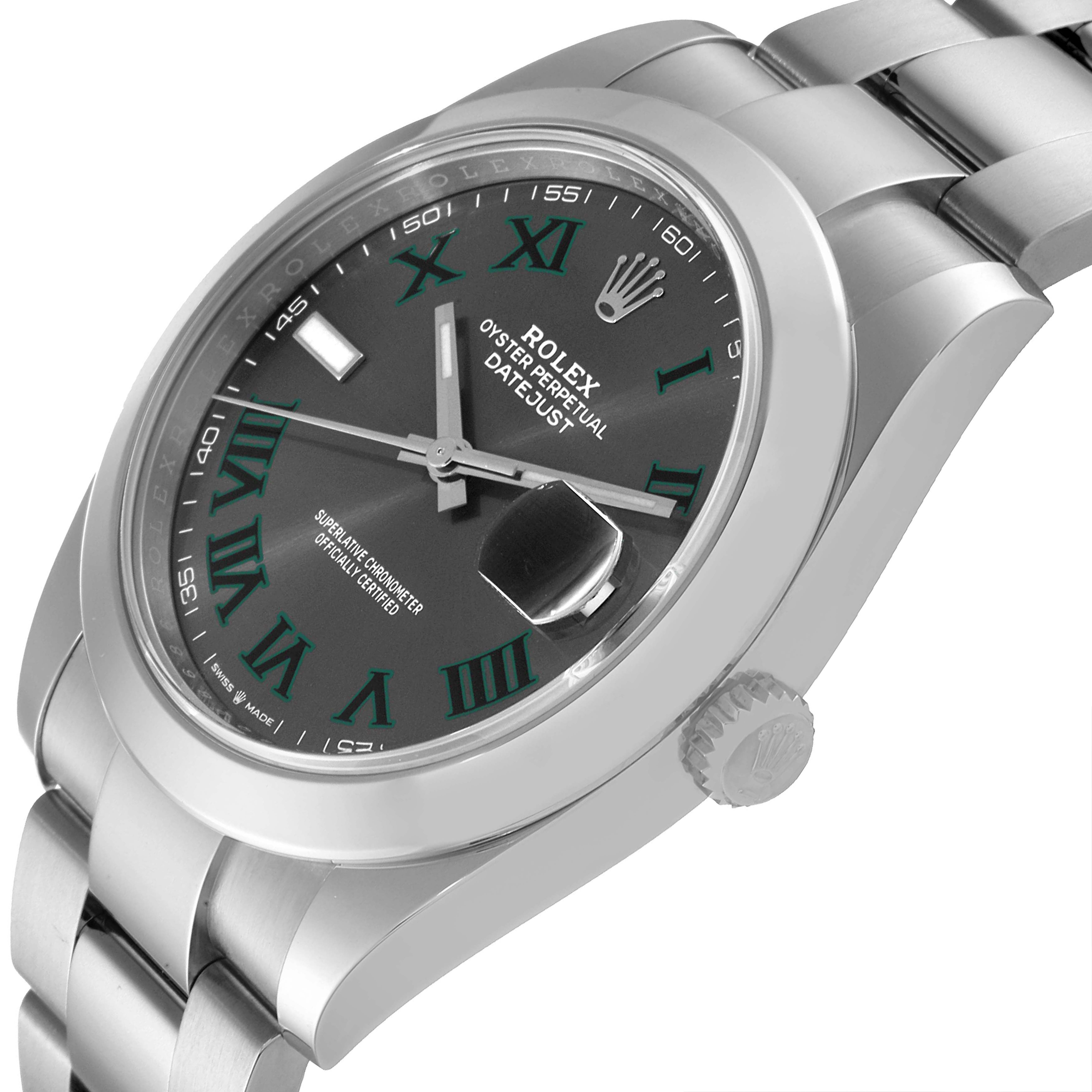 The image shows a side angle of the Rolex Datejust 41 126300 Men's Stainless Steel Grey Dial 126300 Men's Stainless Steel Grey Dial, highlighting the face, crown, and bracelet.