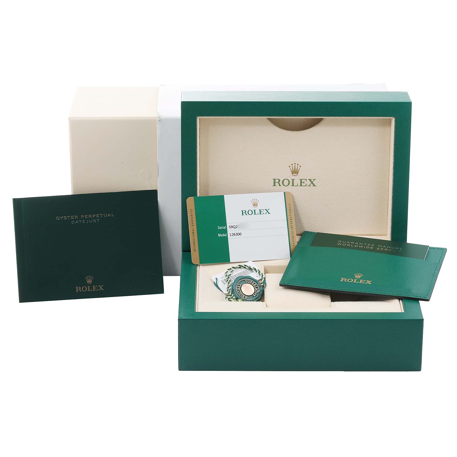 The image shows a set of Datejust 41 model by Rolex, including the box, warranty card, booklet, and tags.