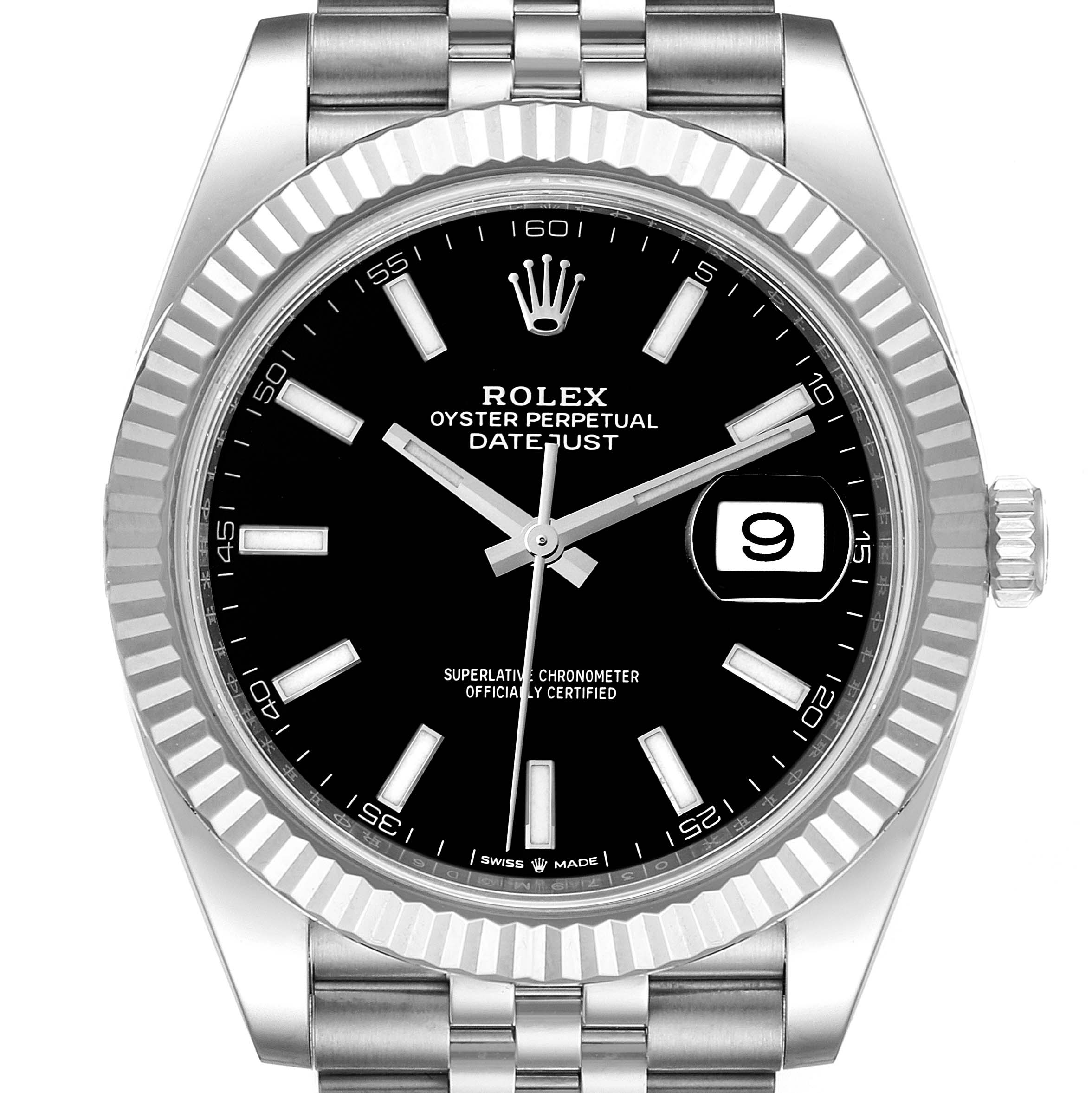 This image shows a front view of the Rolex Datejust 41 126334 Men's Stainless Steel Black Dial 126334 Men's Stainless Steel Black Dial, highlighting the black dial, fluted bezel, date window, and Jubilee bracelet.