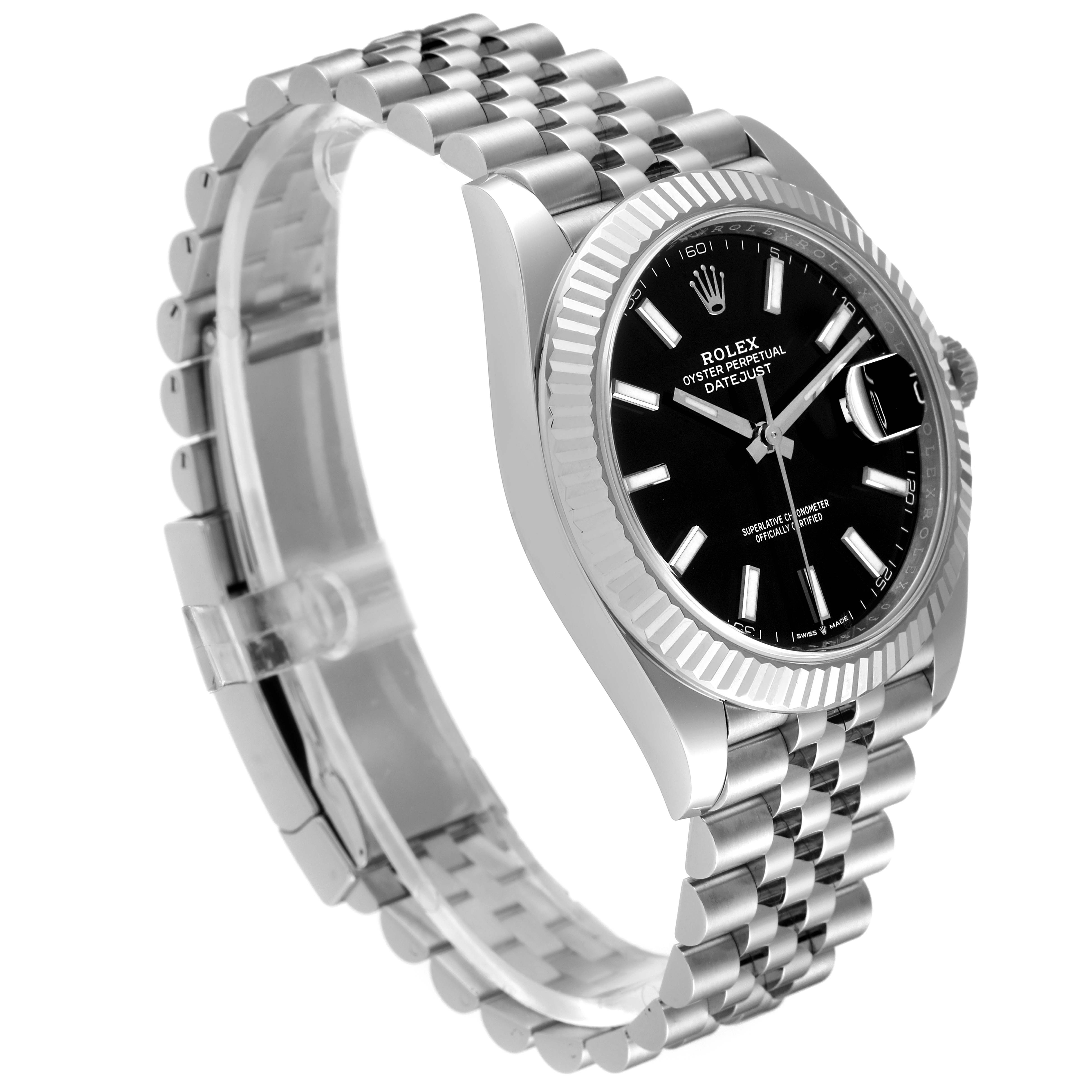 The image shows the Rolex Datejust 41 126334 Men's Stainless Steel Black Dial 126334 Men's Stainless Steel Black Dial model from a side angle highlighting the bracelet, bezel, and black dial.