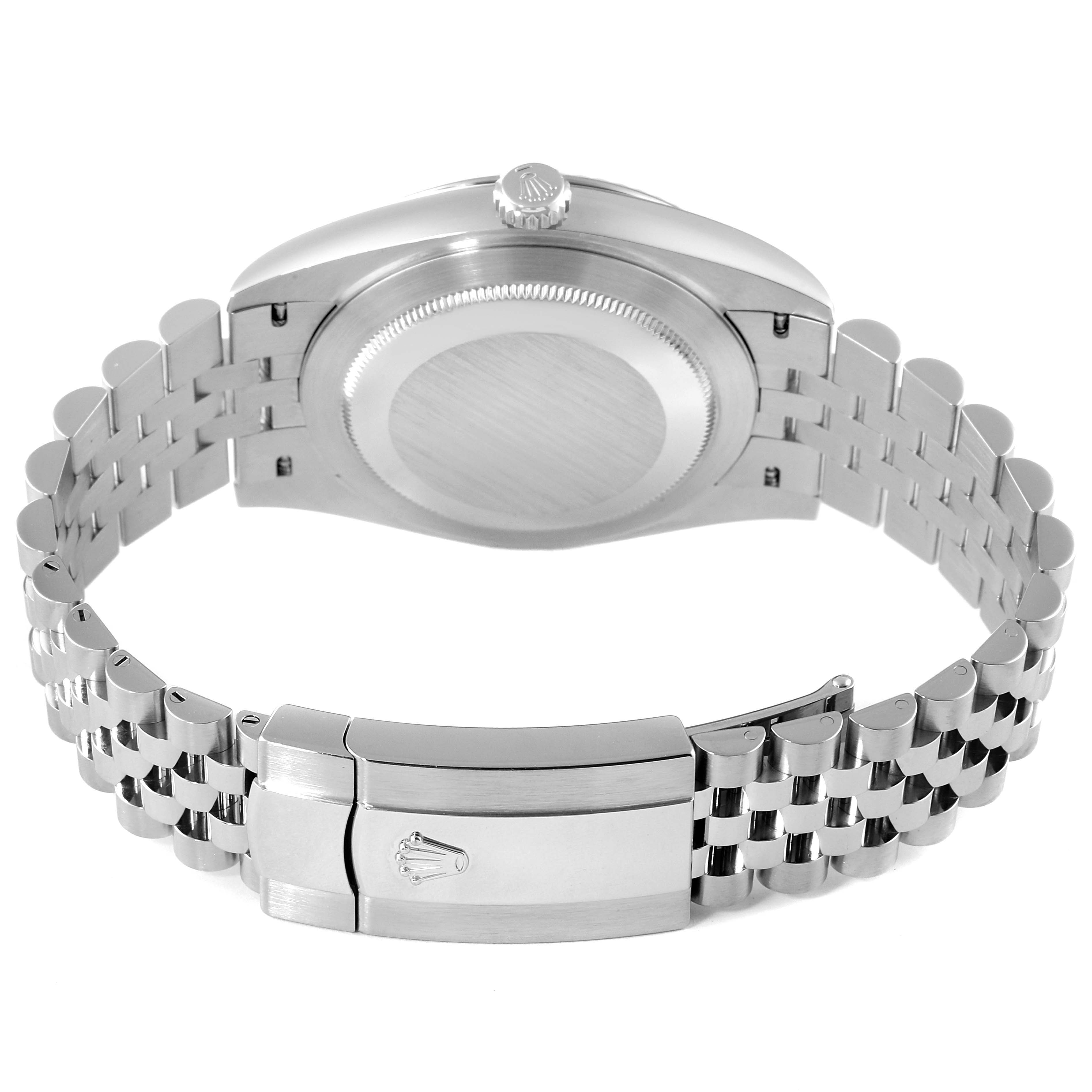 The image shows the back view of a Rolex Datejust 41 126334 Men's Stainless Steel Black Dial 126334 Men's Stainless Steel Black Dial watch, highlighting the case back and the bracelet with the clasp.