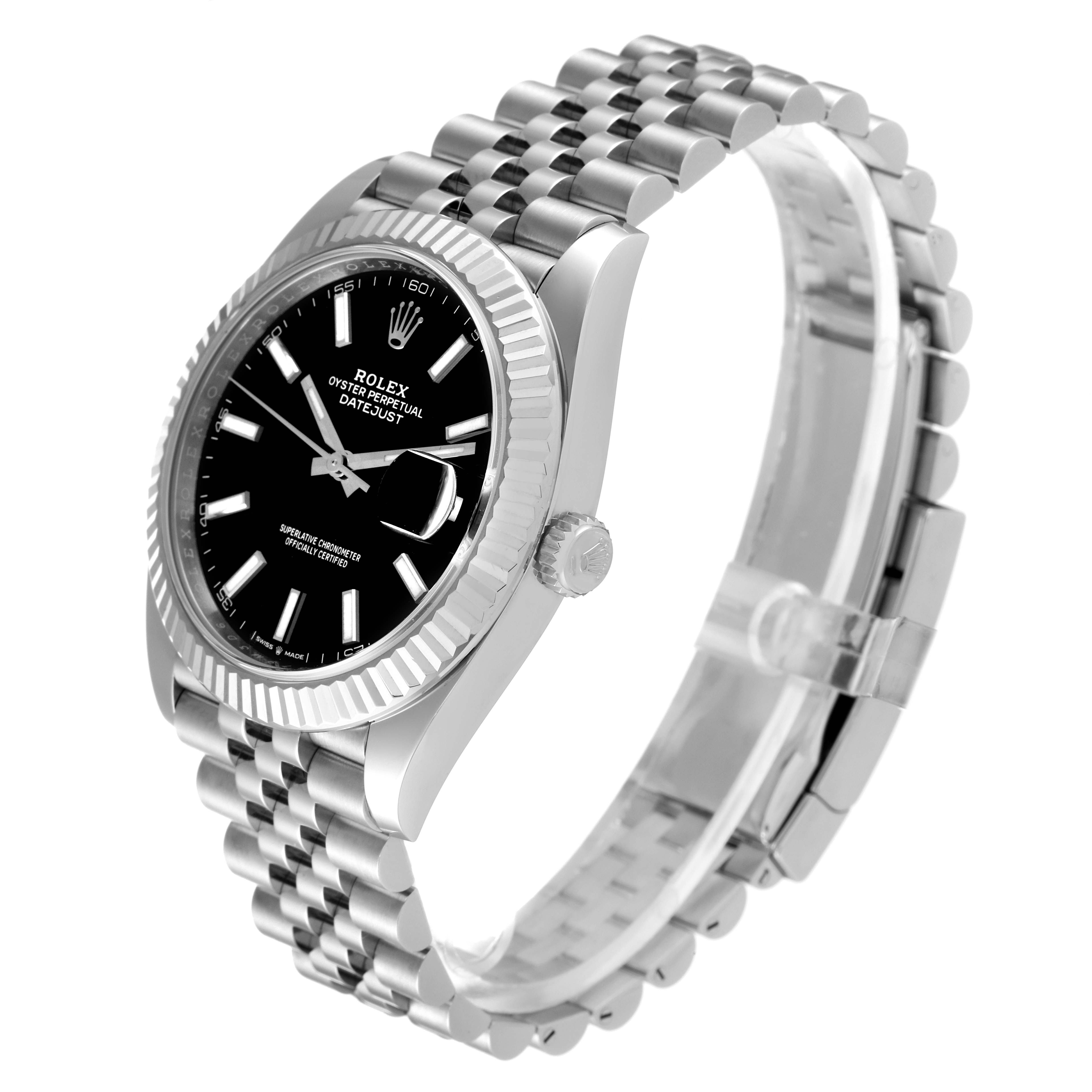 The image shows a Rolex Datejust 41 126334 Men's Stainless Steel Black Dial 126334 Men's Stainless Steel Black Dial watch at a side angle, highlighting its black dial, fluted bezel, and jubilee bracelet.