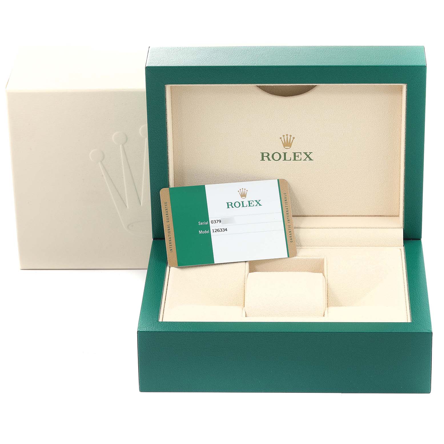 This image shows the open packaging of a Rolex Datejust 41 126334 Men's Stainless Steel Black Dial 126334 Men's Stainless Steel Black Dial, featuring the inner box and warranty card.